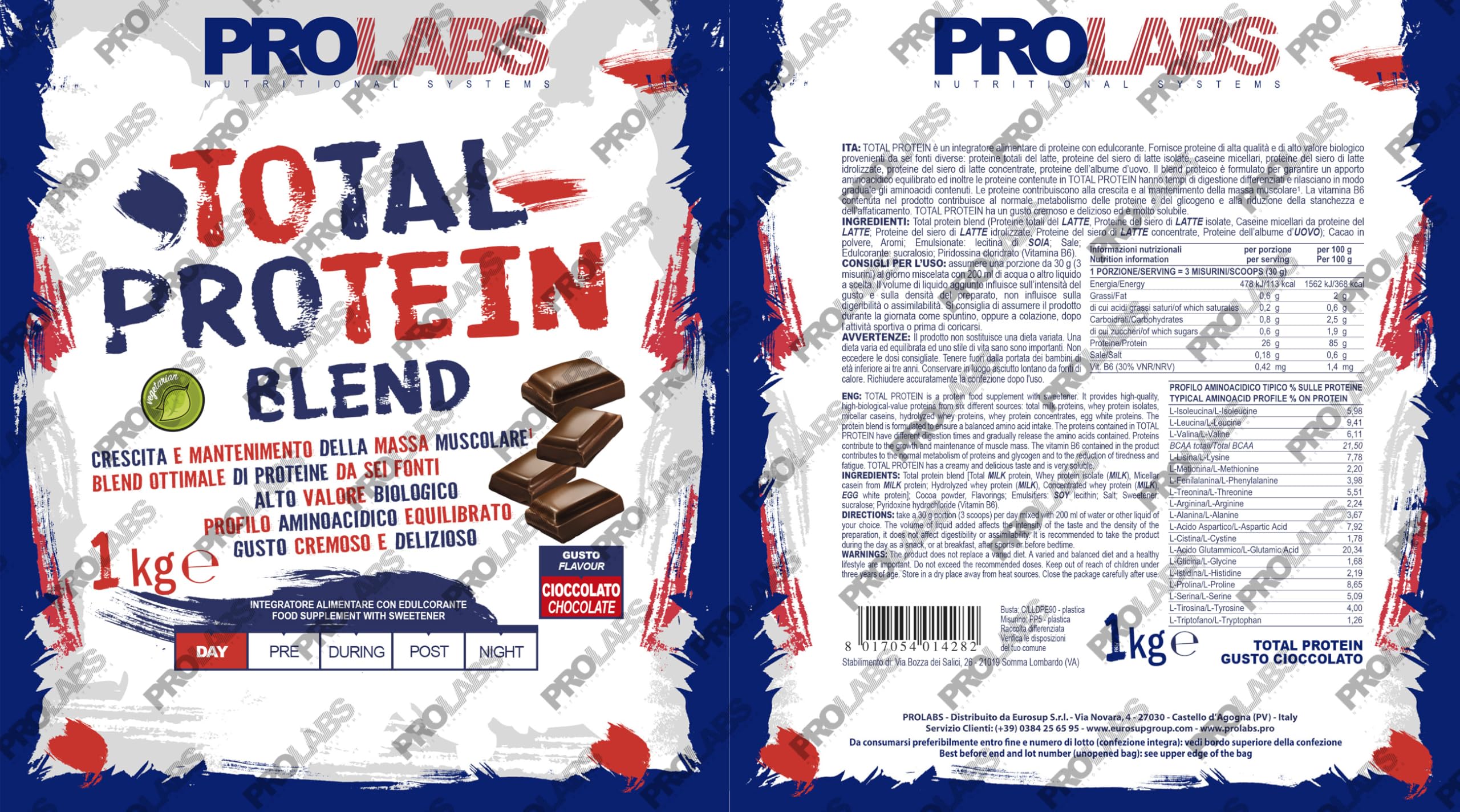 PROLABS TOTAL PROTEIN – Blend di 6 Proteine con Whey Isolate, Idrolizzate e Concentrate | Rilascio Graduale | Supporto Massa Muscolare | Con Vitamina B6 | Ottima Solubilità | 1000 g | Cioccolato