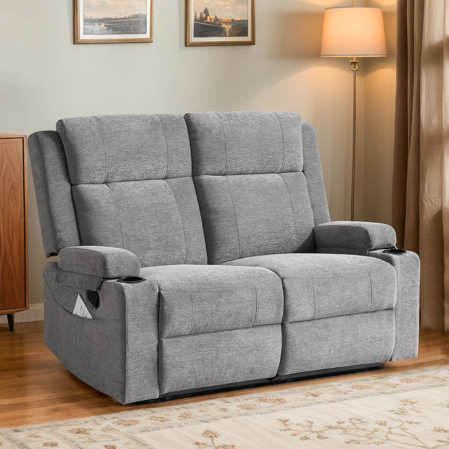 55" RV Loveseat Recliner – Space-Saving Double Reclining RV Sofa, Compact Theater Seating with Cup Holders & Storage Pocket, Grey Chenille Couch for Camper, Motorhome & Home Theater