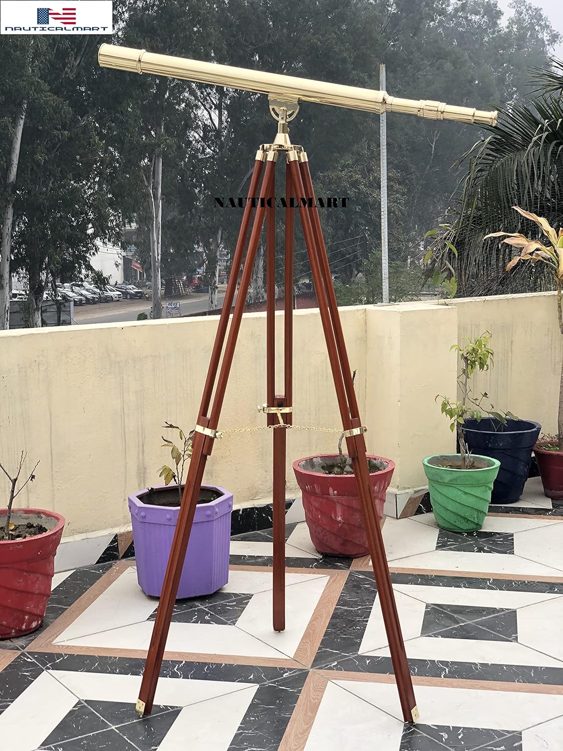 NauticalMart 44'' Solid Brass Harbormaster Telescope on a Mahogany Tripod with Standard Mount