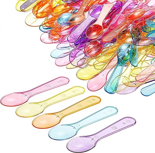 Comicfs 200 cucharas de plástico de 3 pulgadas, cucharas de plástico multicolor, cuchara de helado surtida, cuchara de postre, mini catadores