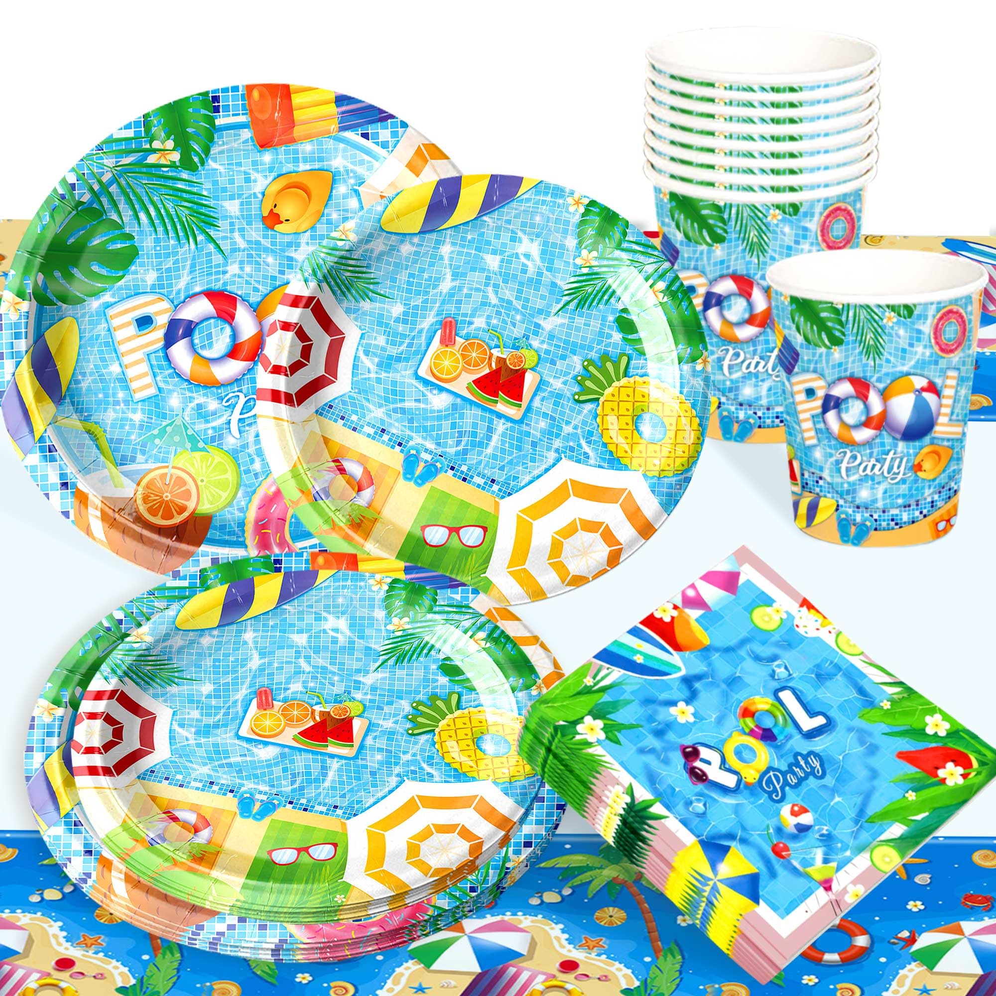 51 PCS Swimming Pool Party Supplies Beach Theme Plates Napkins Beach Party Tablecloth Swimming Pool Accessories