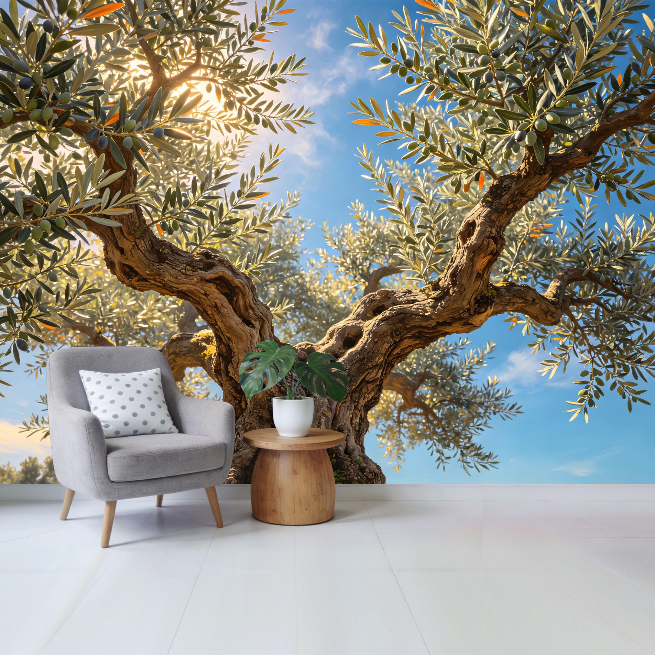 Removable Self Adhesive Fabric Mural， Mediterranean Olive Tree Custom Size Wall Covering， UV Protected Waterproof Washable Wall Decor for Living Room Bedroom Bathroom