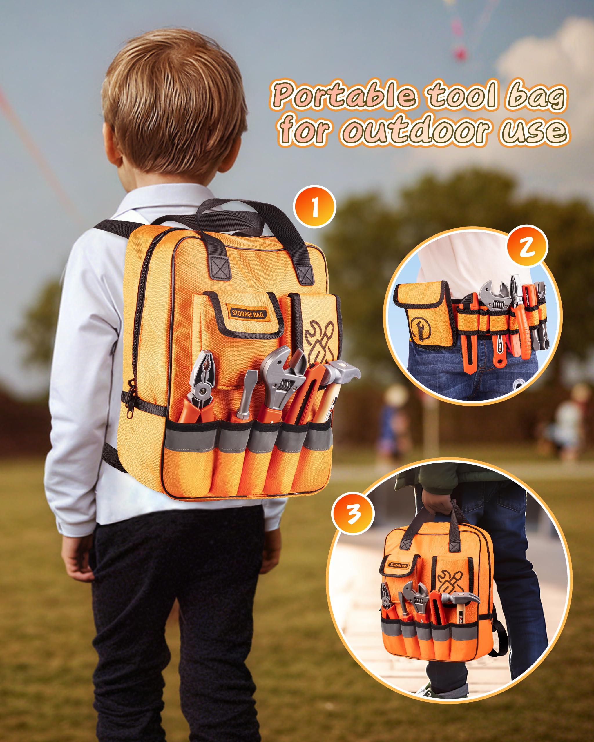 Eohemeral 36Pcs Kids Tool Set, Toddler Tool Construction Toys with Belt & Electronic Drill for Boys Girls 3-5, Sturdy Tool Bag Suitable for Outdoor Use