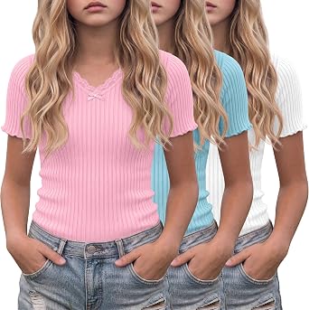 3 Pack Girls V Neck Ribbed Tees 5-14Y | Girls, Short Sleeve, Ribbed, V Neck, Slim Fit, Lace Trim, Blouse, Bow, Lettuce Trim, for Kids 5-14Y