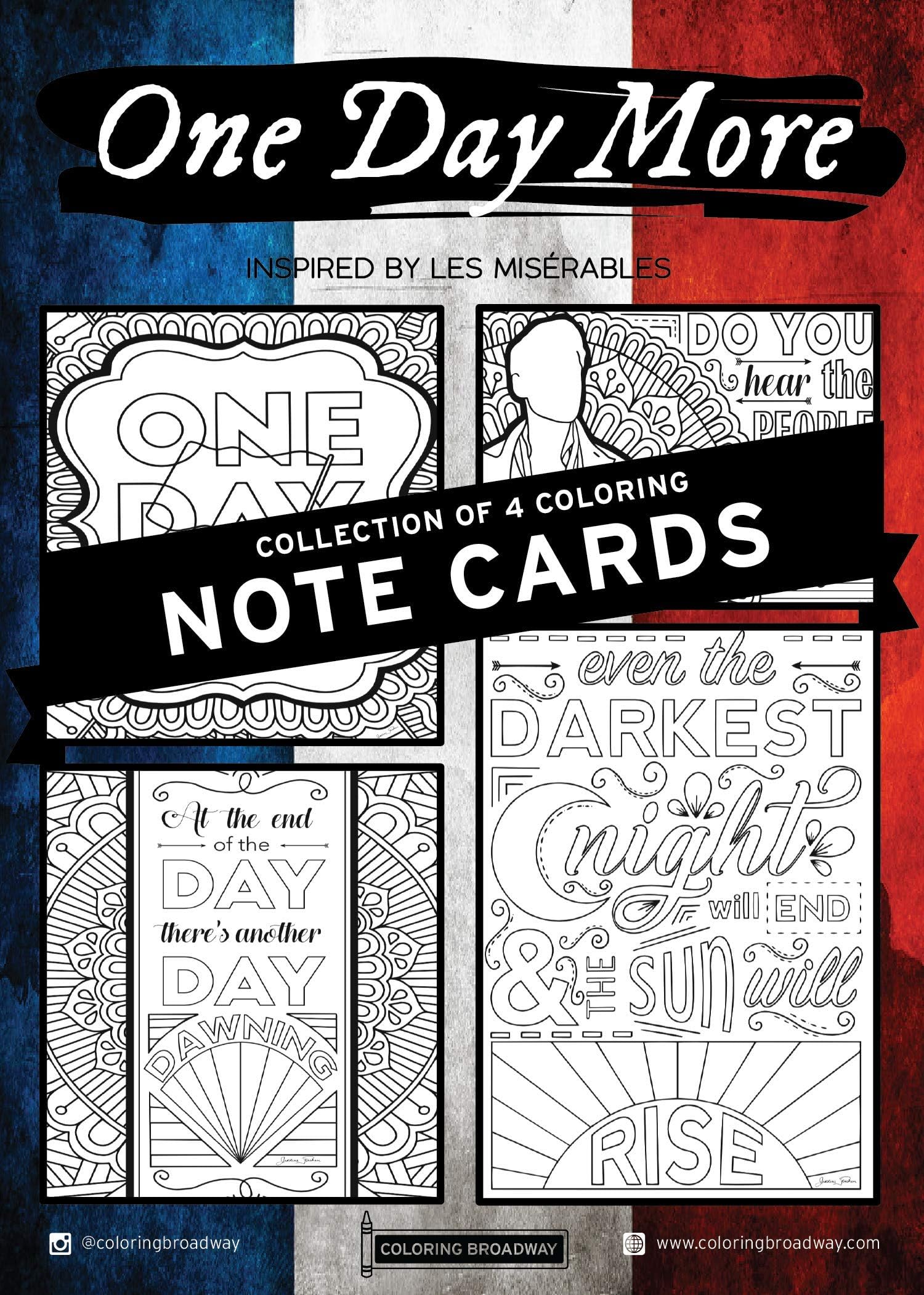 Les Miserables | “One Day More” Collection | COLORING NOTECARDS by Coloring Broadway | Hand-drawn illustrations - Printed on matte card stock (5" x 7") - Set of 4 Individual Notecards with envelopes