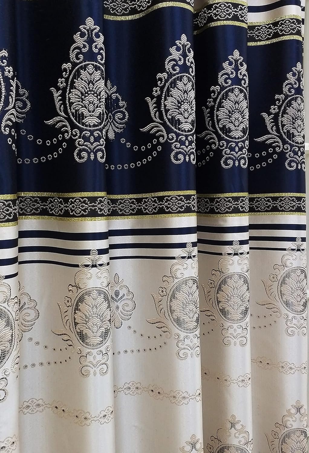 GOHD Harmony Horizon. Jacquard Farmhouse Window Curtain Panel Drape with Attached Fancy Valance. 2pcs Set. Each pc 54" Wide x 90" Drop with 18" Valance. (Navy Blue)