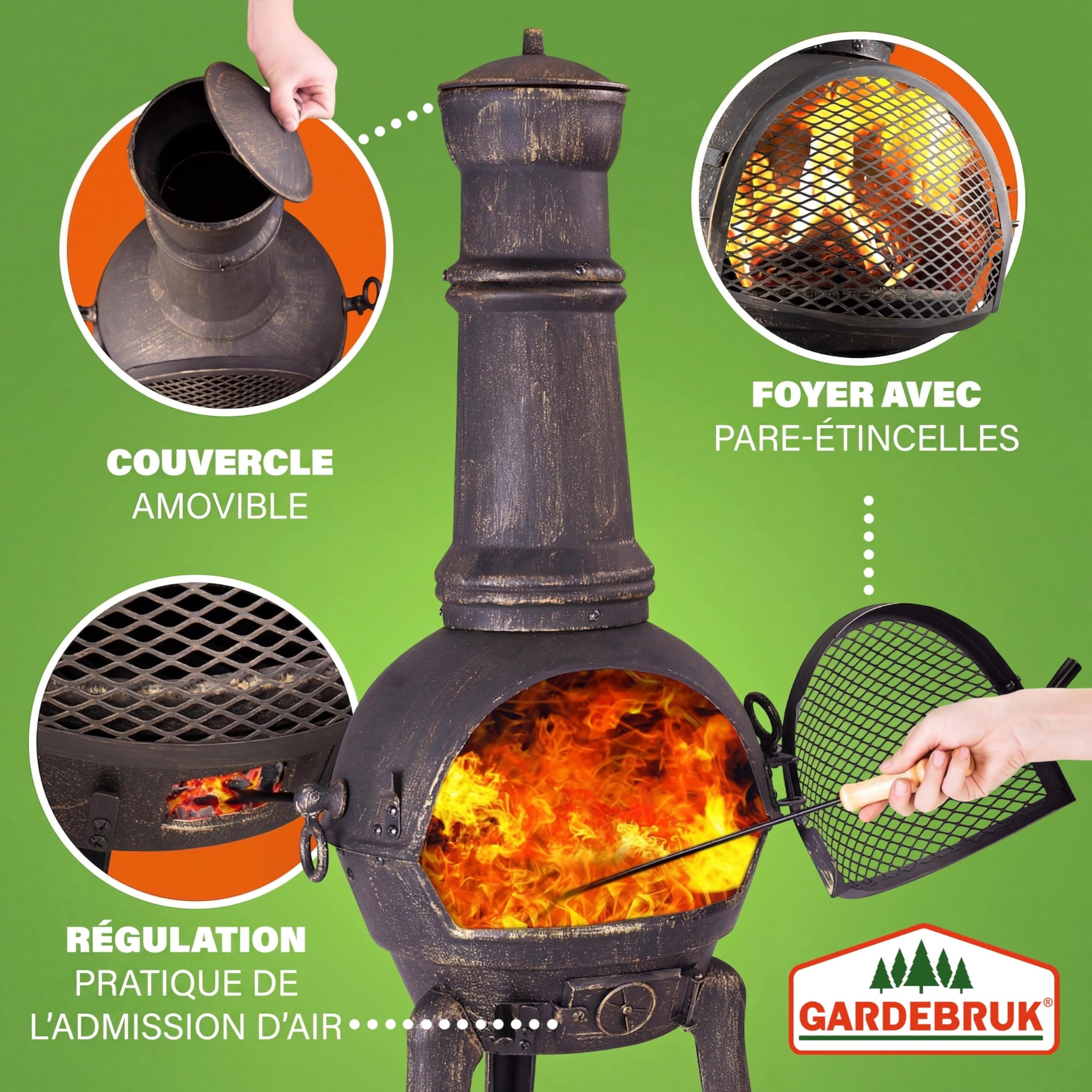 GARDEBRUK® Cheminée d'extérieur en Fonte 112 cm Brasero Four Mexicain 28kg Pare-étincelles Protection Jardin Terrasse Outdoor