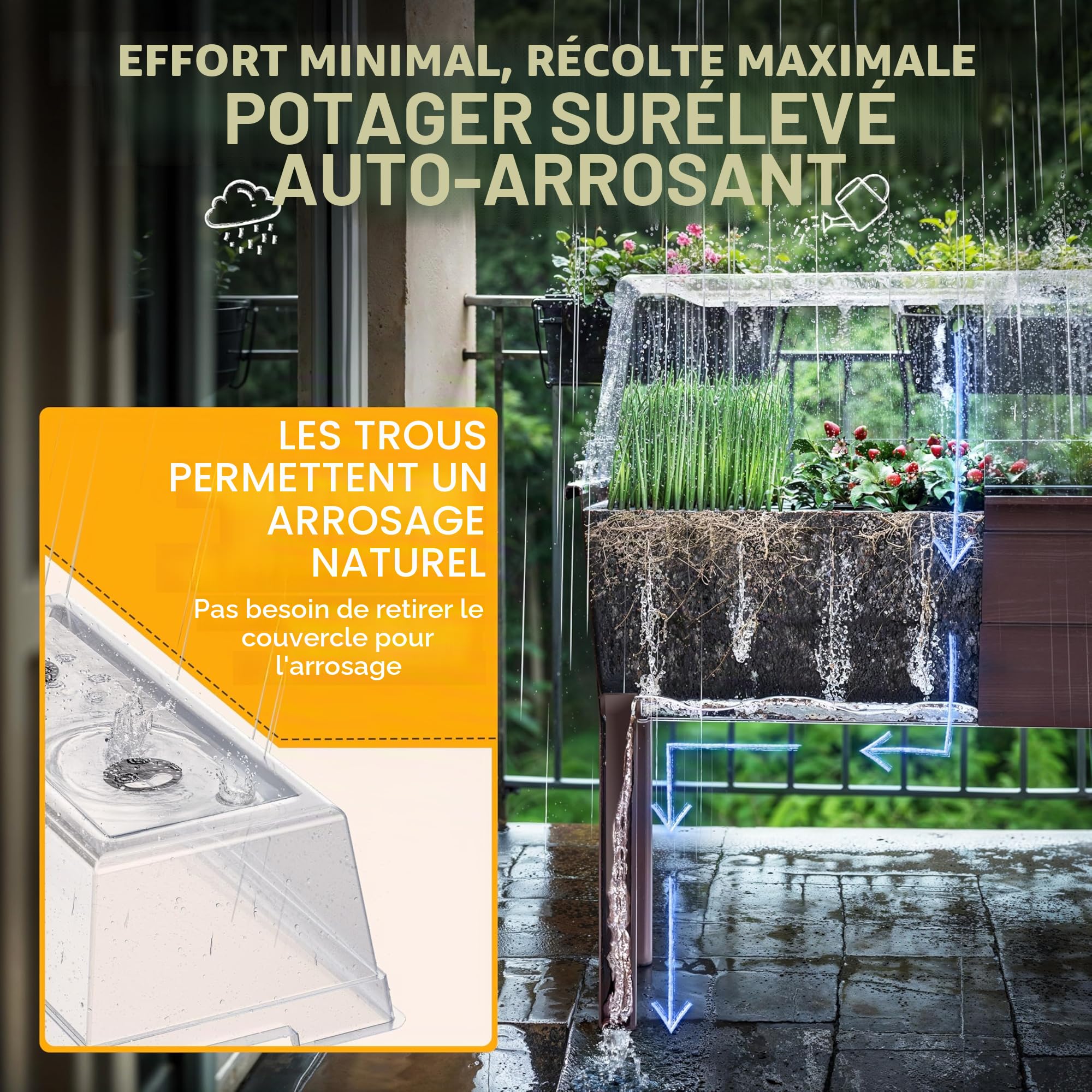 Ondis24 Victoria Jardinière de jardin pour balcon, jardinière avec serre, volume 50 l, réservoir d'eau, irrigation goutte à goutte, pieds amovibles, convient pour l'extérieur (marron)
