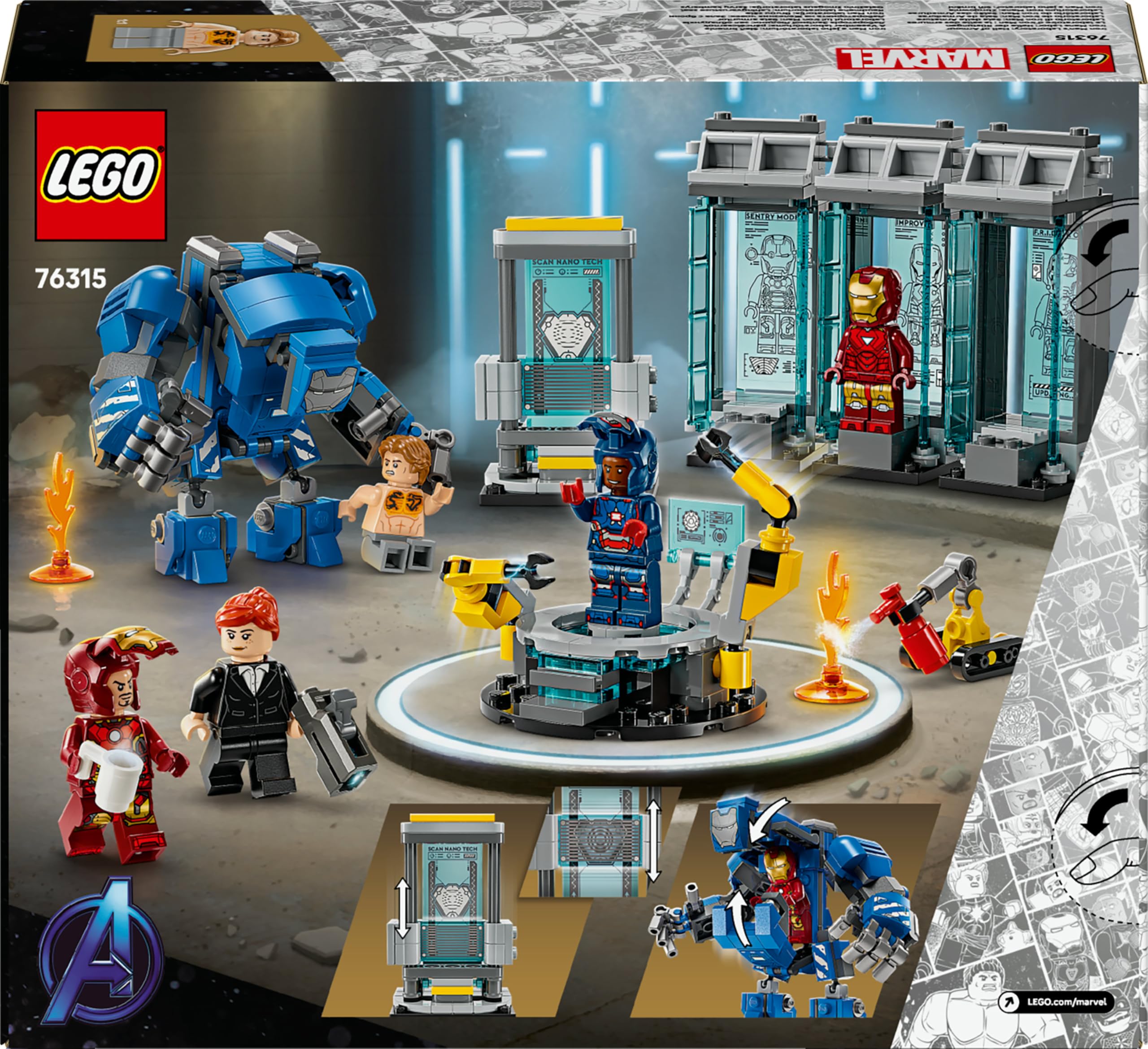 LEGO | Marvel Laboratorio di Iron Man: Sala delle Armature - Giocattolo per Fan dei Supereroi con Mech e 5 Minifigure come Aldrich Killian e Robot Dum-E - Regalo Avengers per Bambini da 8 Anni 76315