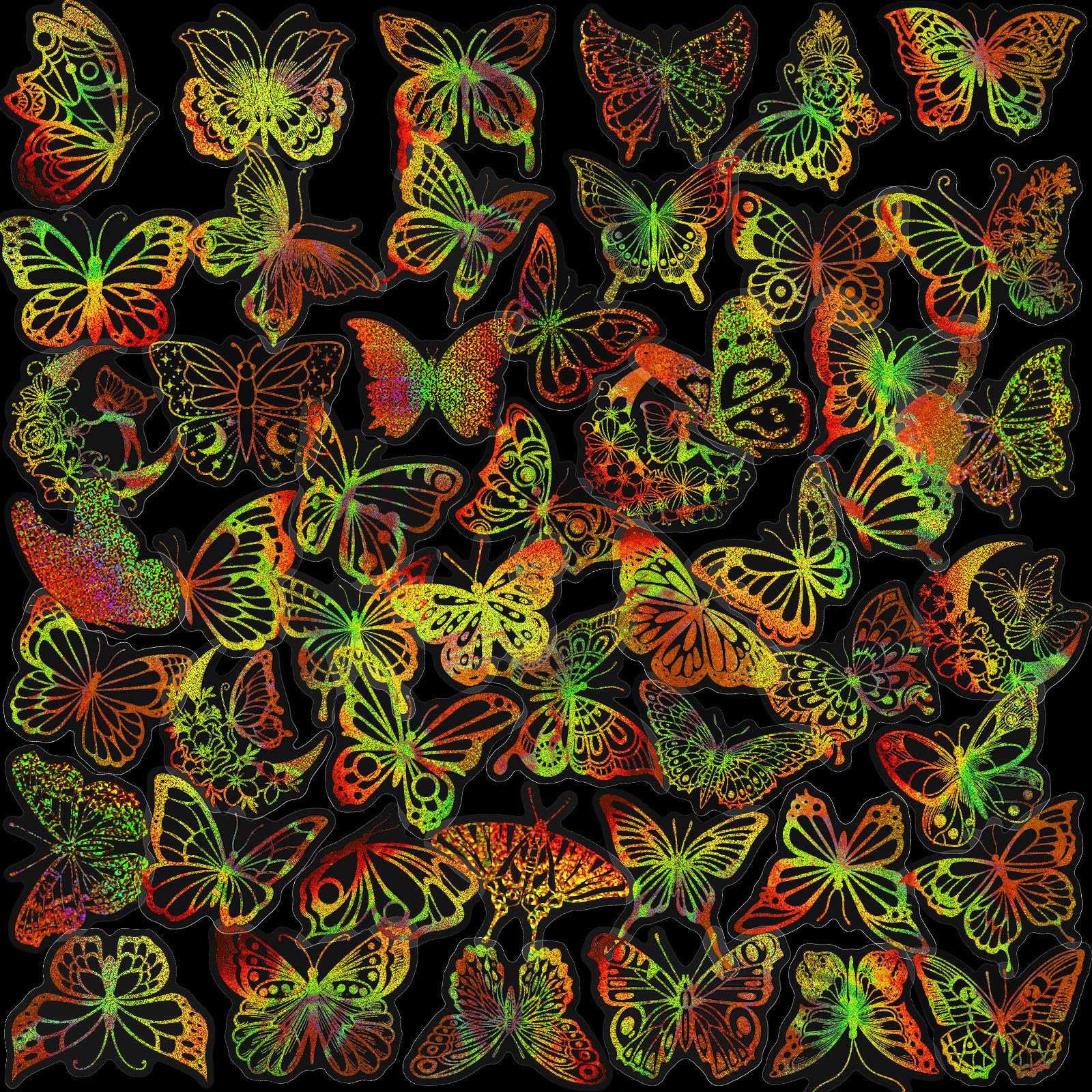 Yoksas 100Pcs Golden Holographic Glitter Butterfly Stickers,Transparent Butterfly Decals for Scrapbooking Water Bottles Laptops Journaling