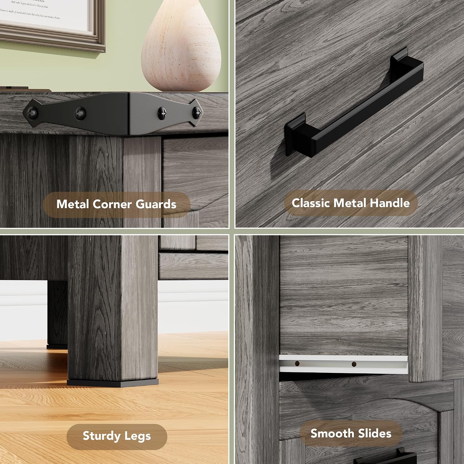 Close-up of nightstand features including metal corner guards, classic metal handle, sturdy legs, and smooth drawer slides.