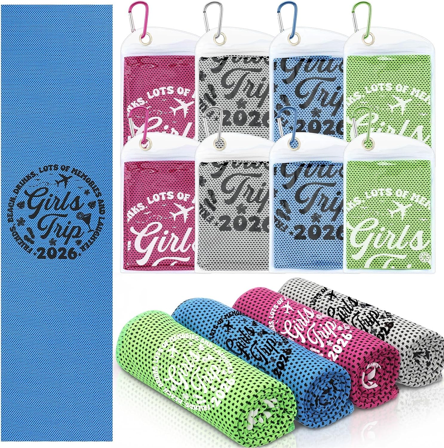 Tegeme 8 Packs Girls Trip Gifts Favors Cooling Towels 40"x12" Soft Breathable Chilly Towel Ice Towel, Microfiber Towels for Women Bestie Bride Wedding Anniversary for Mom Girls Weekend Summer Holiday
