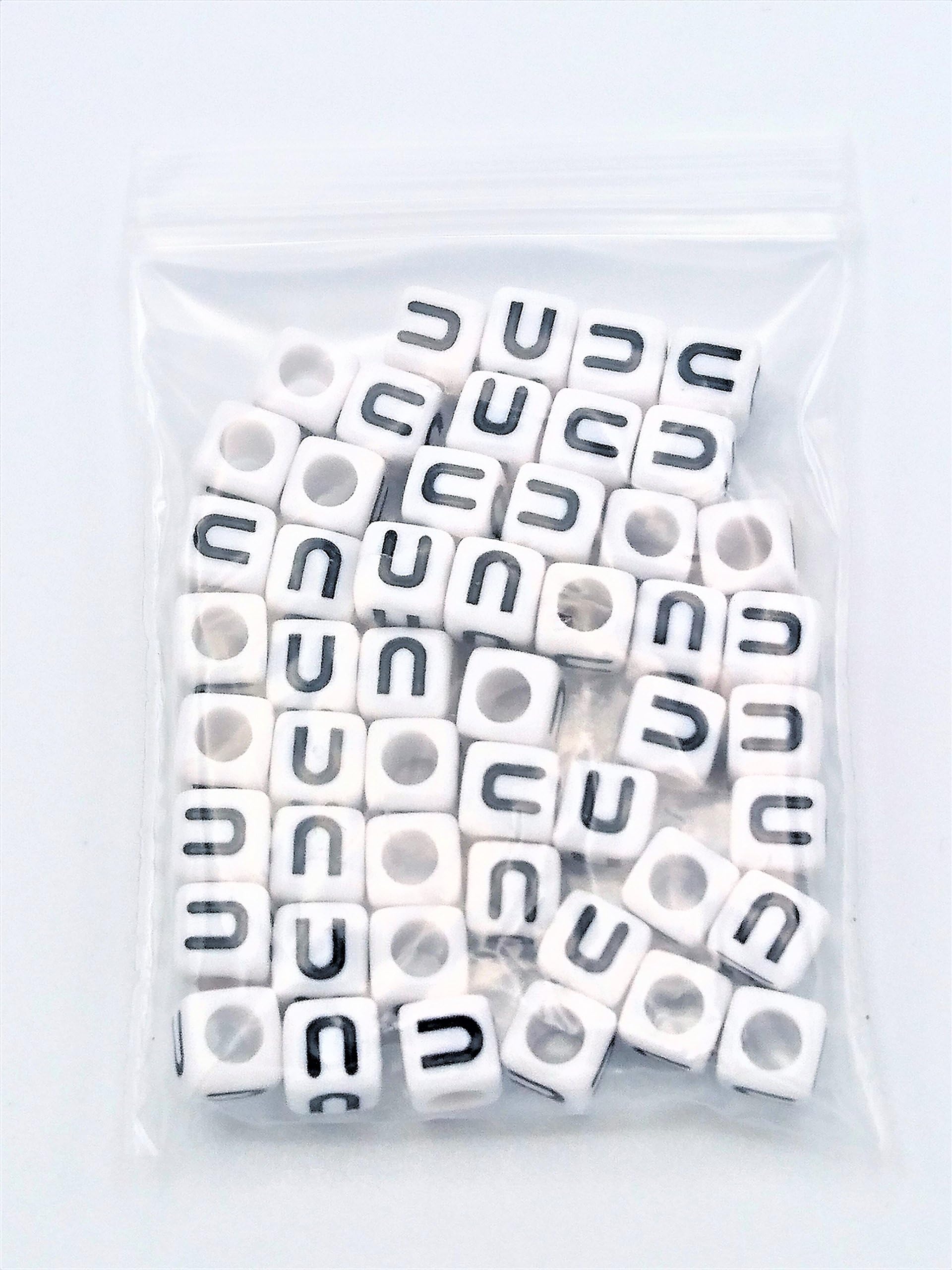 FEQM Pre-Sorted Letter Beads (6mm 50 pcs, White - Black Letter U)