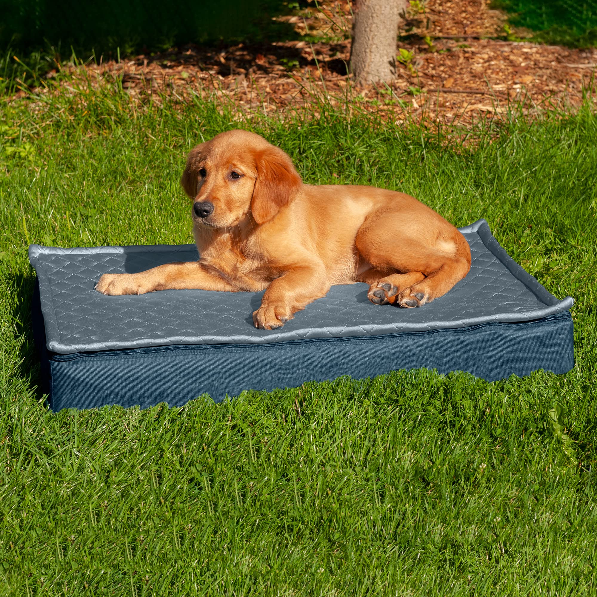 Furhaven Water-Resistant Cooling Gel Bed for Medium/Small Dogs w/ Removable Quilt Top & Washable Cover, Up to 35 lbs - Indoor/Outdoor Quilt Top Convertible - Calm Blue, Medium,30.0"L x 20.0"W x 3.0"Th