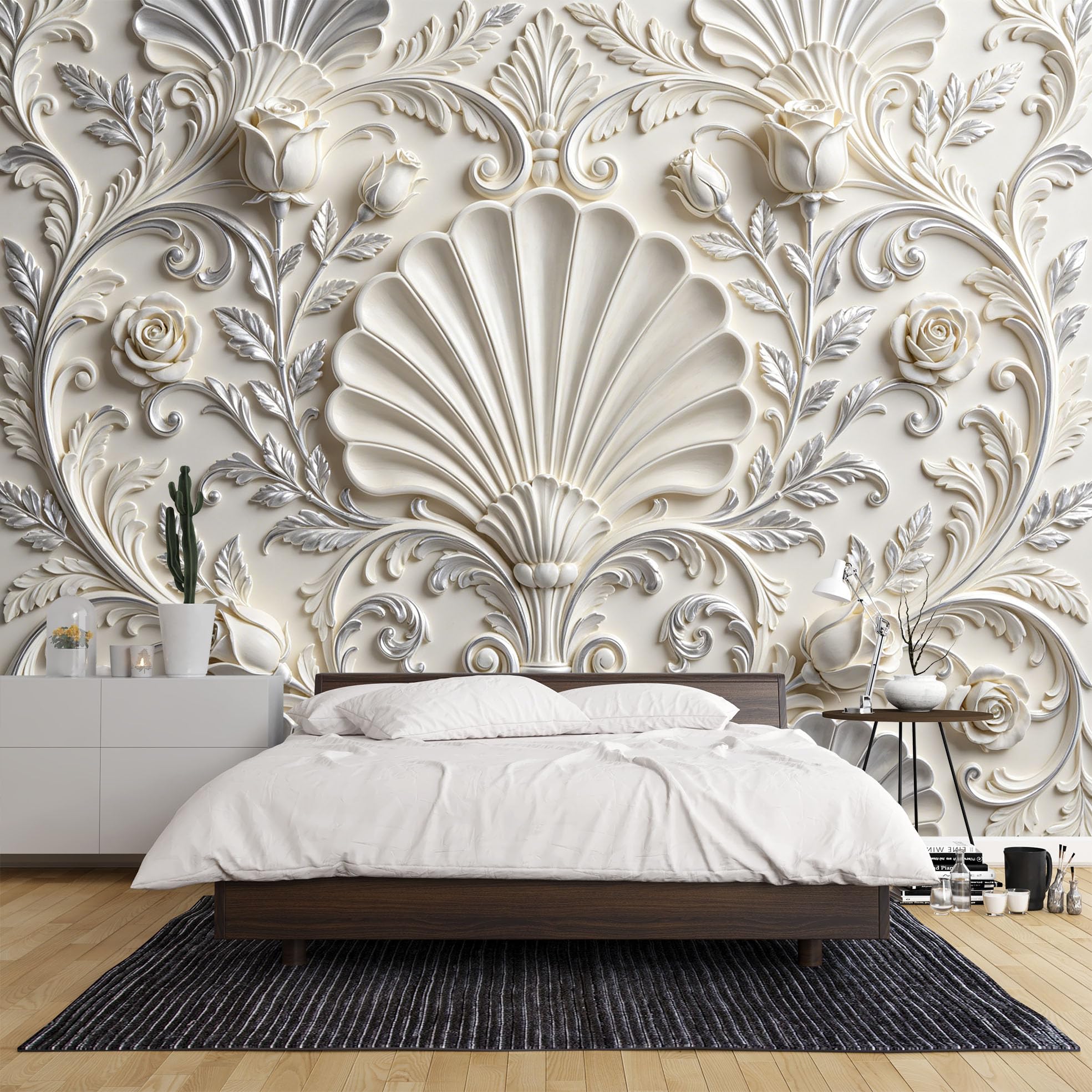 Carta Da Parati Fotografica In Tessuto Non Tessuto con Motivo Floreale Elegante Stile Palazzo Europeo Classico Di Lusso 500×350 cm (Lxa) Grande Ornamento A Ventaglio con Conchiglie Rivestimento Mur