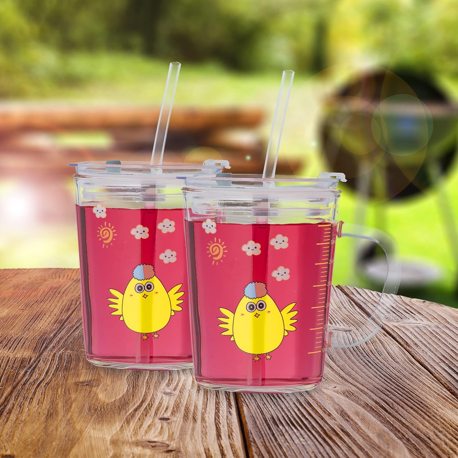 Relaxdays Children's Glasses, Set of 2, Chick Motif, Drinking Glass, Children, with Handle, Lid and Straw, 400 ml Scale, Transparent, Glass
