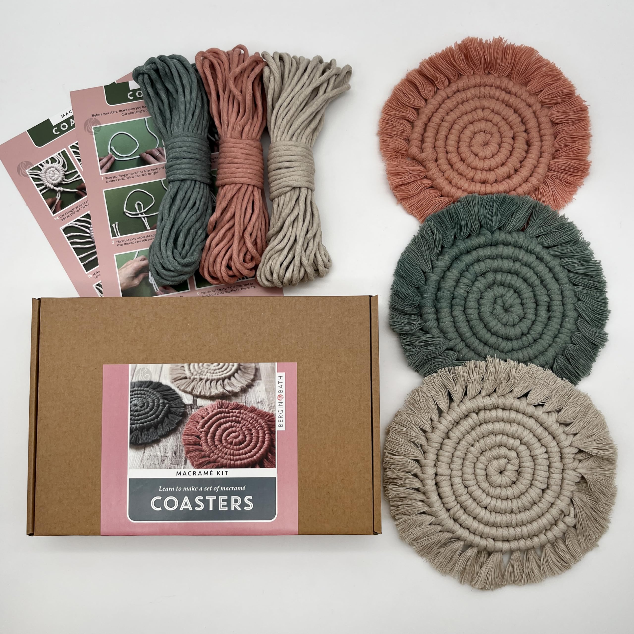 Bergin & Bath Pink, Grey, Green Macramé Craft Kit Coasters. Learn To Make Three Coasters In Blush Pink, Light Grey And Laurel. Art Craft Kit For Adults And Teens. Creative Gift Idea.
