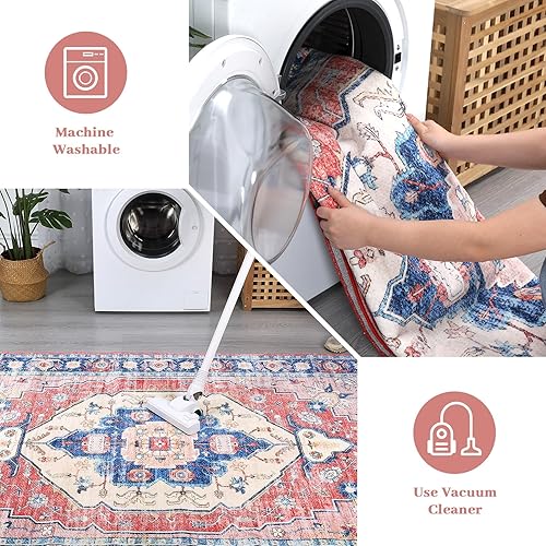 Miniatura 6 de FairOnly Alfombra de área lavable de 8 x 10 pies, estilo bohemio, vintage, antideslizante, con medallón, resistente a las manchas, para sala de