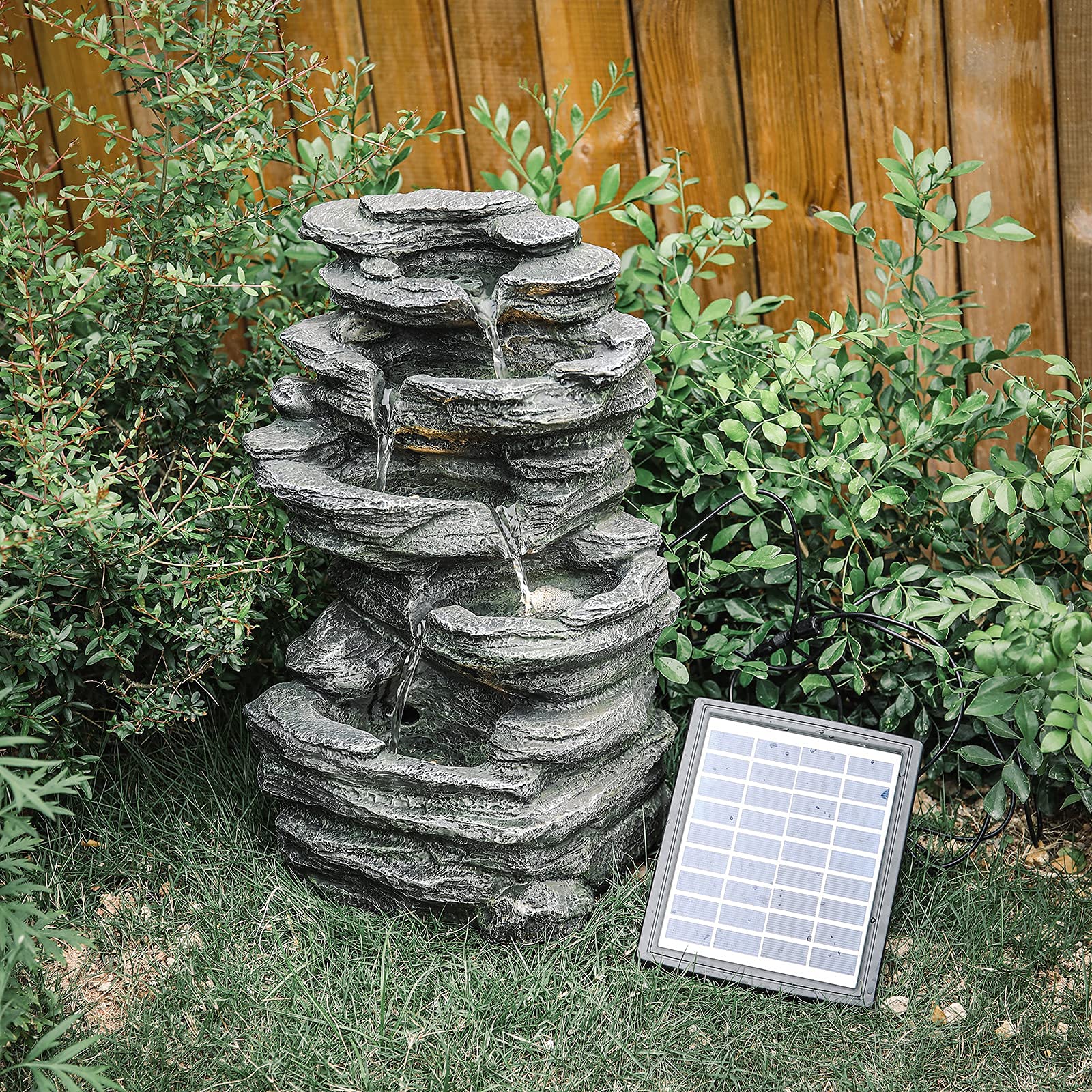 BTGGG Solarbrunnen für Draußen, Kaskaden Steingarten Solar Springbrunnen Gartenbrunnen mit LED-Licht für Außen Solar Wasserspiel Wasserfall Brunnen mit Solarpanel für Garten,Teich,Terrasse