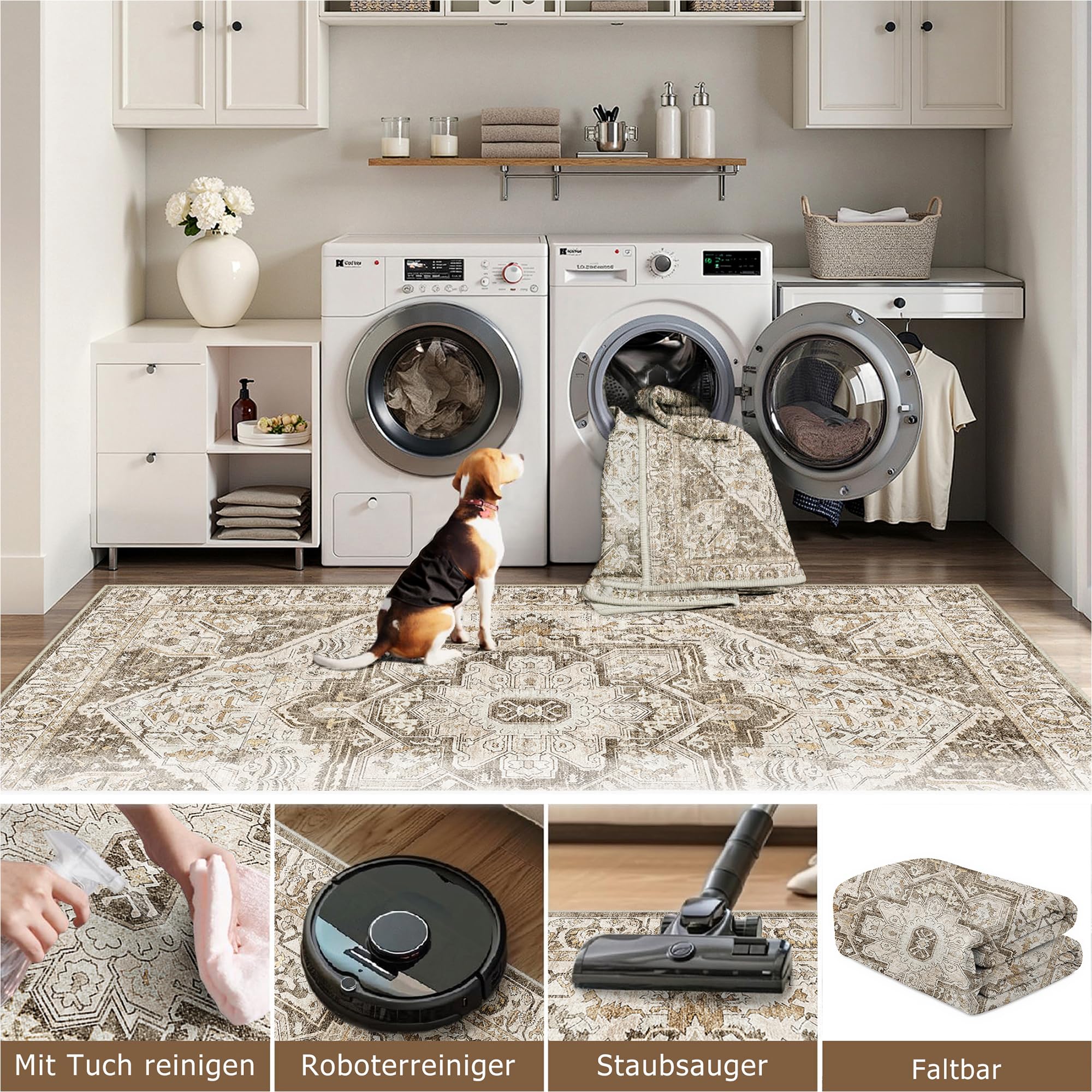 HUGEAR Vintage Tappeto Salotto Marrone Tappeti 120x180cm Soggiorno Antiscivolo Lavabile in Lavatrice Tapette Camera da Letto Sala Ufficio Bambina Bambino Pelo Corto Grande Carpet