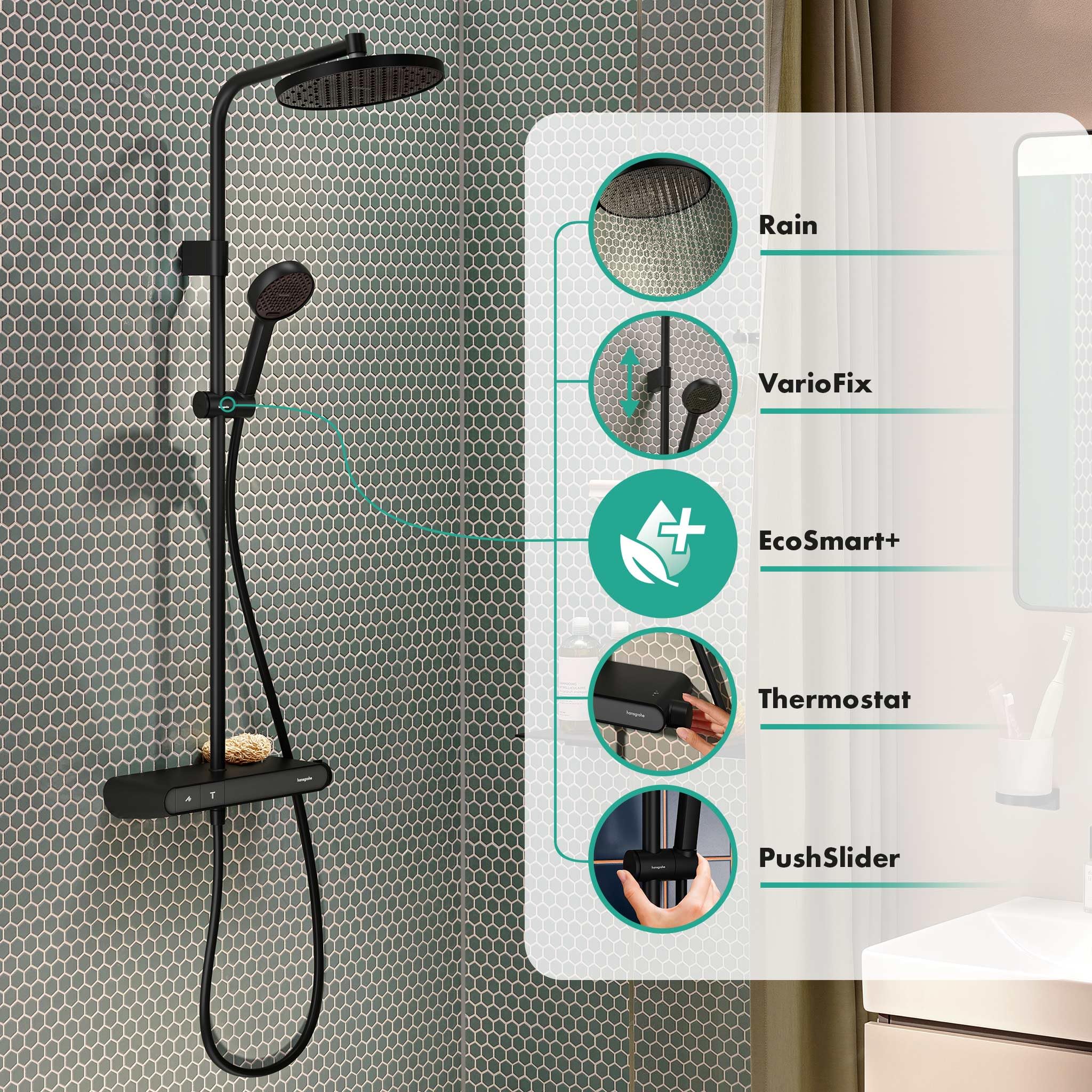 hansgrohe Activera S - sistema de ducha con termostato, max. 6 l/min (EcoSmart), ducha lluvia (240 mm) con grifo, ducha de mano (2 tipos de chorro), flexo, barra, ducha fija, negro mate, 28639670