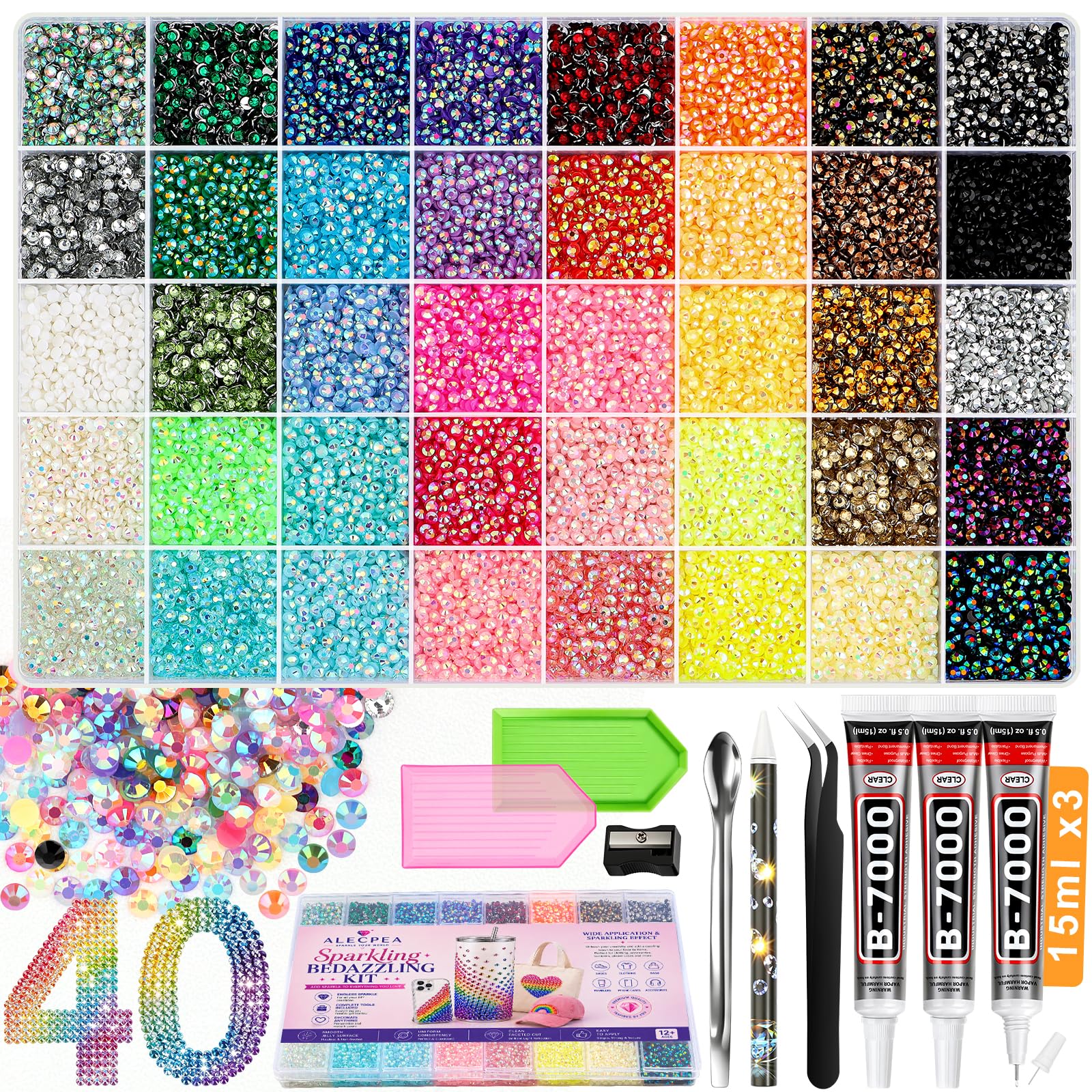 Rhinestone Bedazzling Kit, 40000 3mm Gems 40 Colors, B7000 Glue & Tools | Complete craft kit with gems and jewels for nail art, clothing, shoes, bags & decor