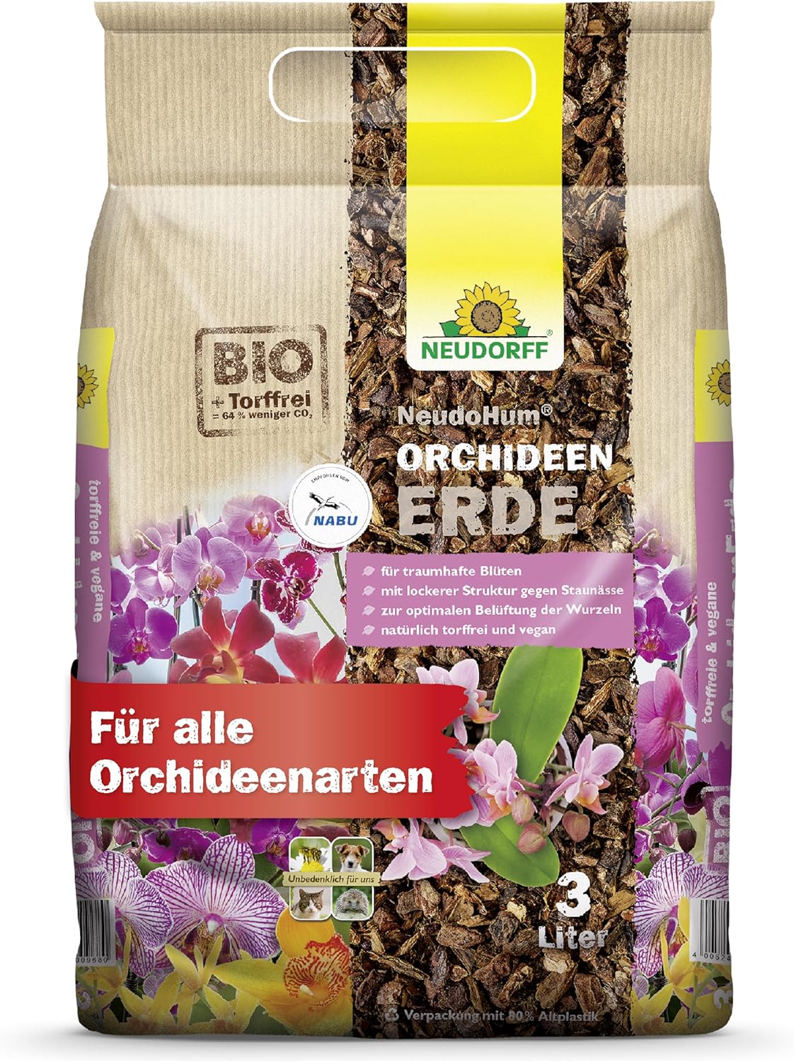 Neudorff NeudoHum OrchideenErde - Torffreie Bio-Erde für traumhafte Blüten Aller Orchideenarten, 3 Liter
