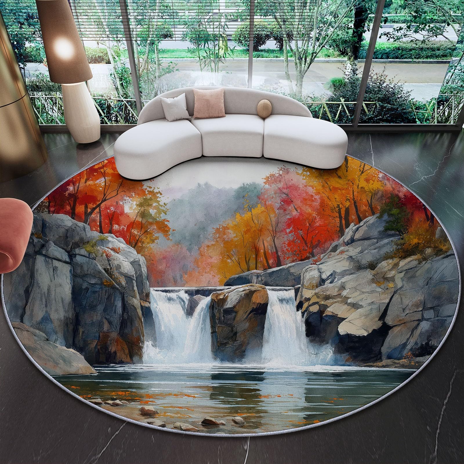 Tapis rond salon 150 cm orange pour chambre et decoration lit