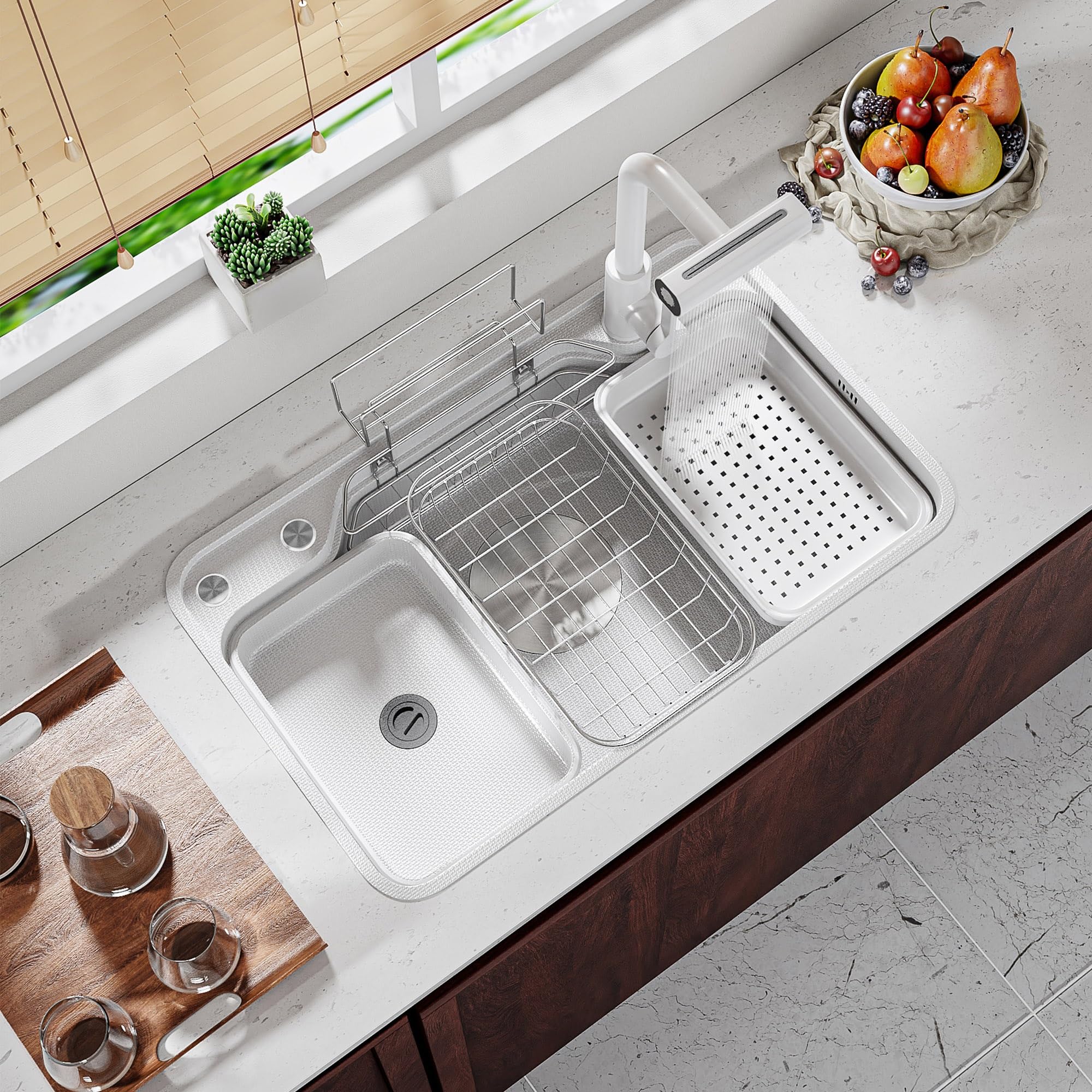 LMYSXAOZ Stainless Steel Undermount Kitchen Sink with Waterfall Faucet Single Bowl Bar Combo Includes Soap Dispenser Cup Washer & Drain Strainer Set
