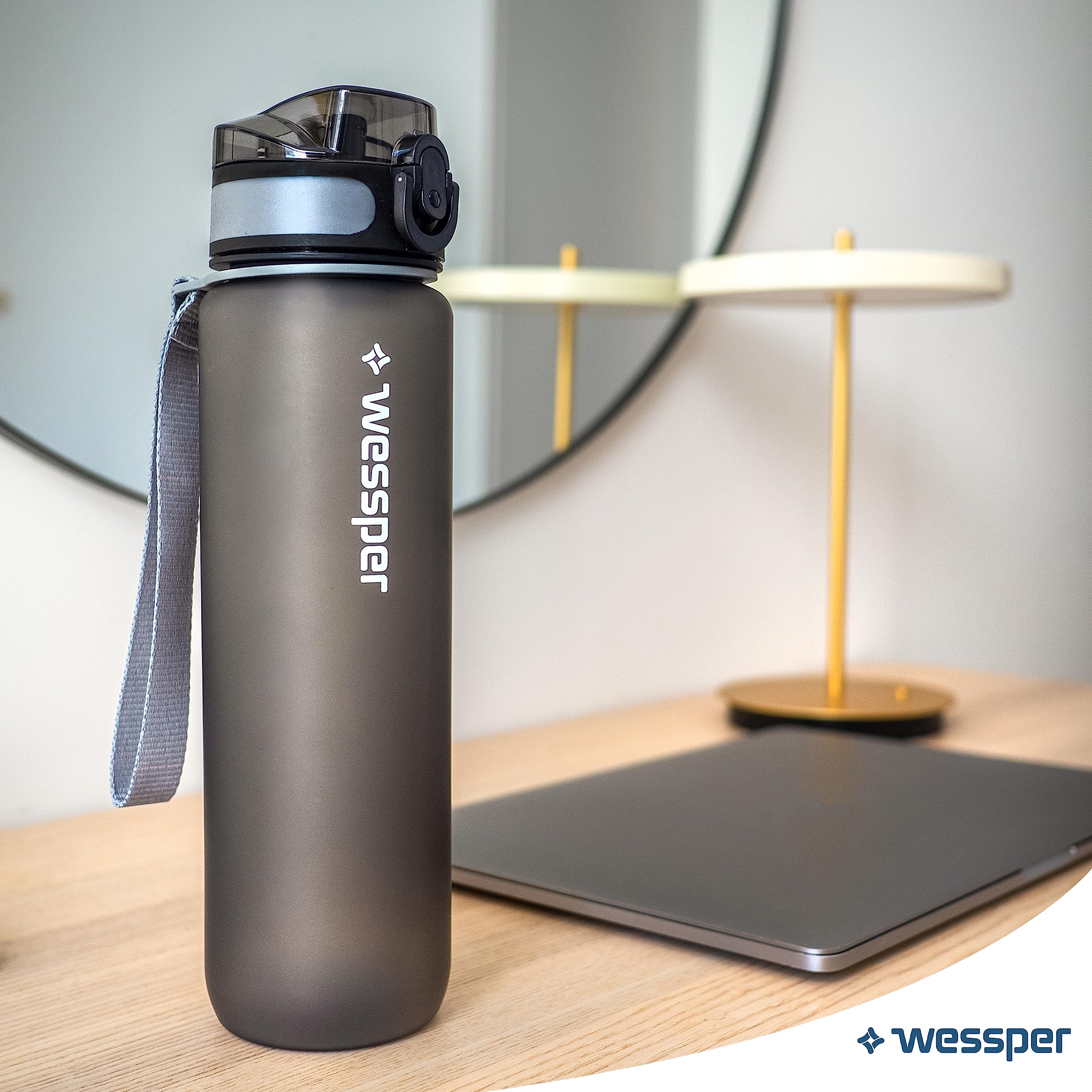 Wessper Active Max Tritan Butelka na wodę o pojemności 1 l, z oznaczeniem czasu, nie zawiera BPA, szczelna, 1 l, na rower, do szkoły, dla dzieci, na wędrówki, sport, szara
