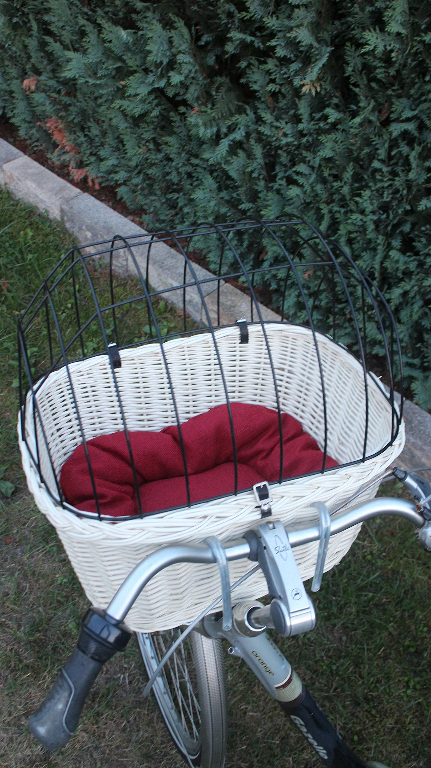 Hundefahrradkorb für Fahradlenker aus Weide mit Metallgitter und Kissen L, XL oder XXL weiß (XL mit Kissen)