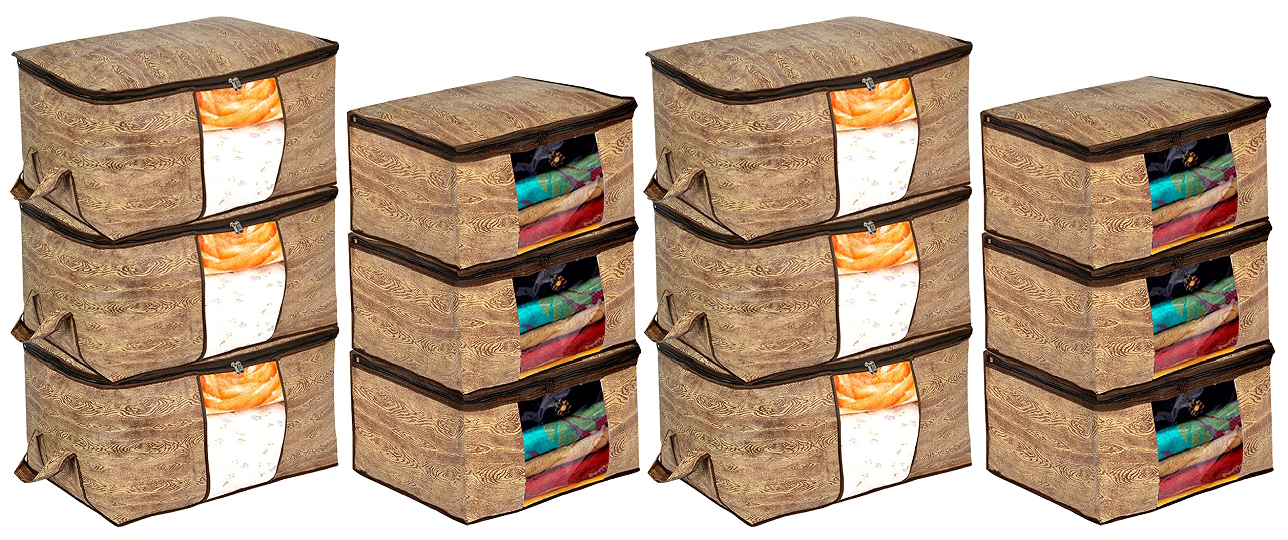 Kuber Industries Wooden Print 6 Piece Non Woven Saree Cover and 6 Pieces Underbed Storage Bag, Storage Organiser, Blanket Cover (Brown)