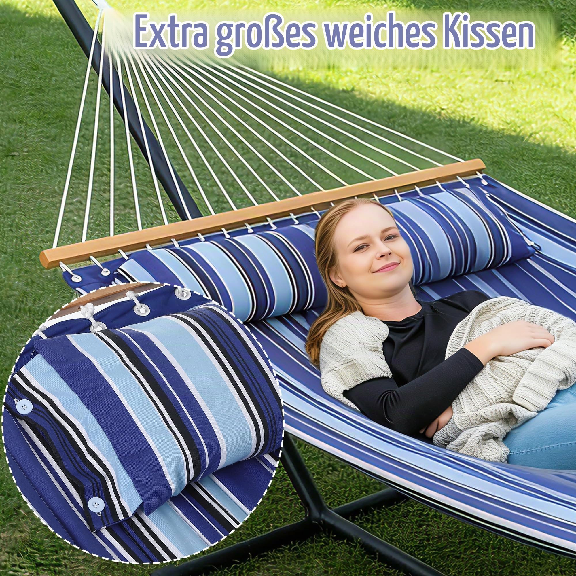Doppelhängematte Mit Gestell, Belastbar Bis 215kg, Wetterfeste Gartenhängematte Mit Kissen & Tragetasche, 3-Fach Gedrehte Seile, Hängematte Für Garten, Terrasse, Camping & Strand