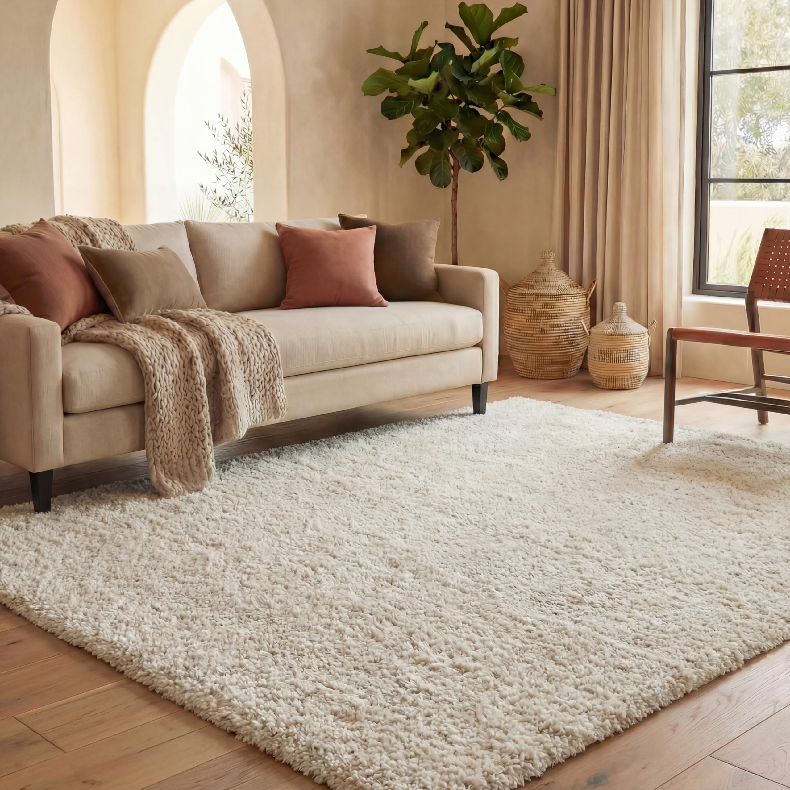 Area Rug 8x10 - August Shag Collection - Large - Beige, Solid Pattern, Non-Shedding & Easy Cleaning, Plush Thick Pile, Ideal for Living Room, Bedroom, Dining Space (AUG900D)