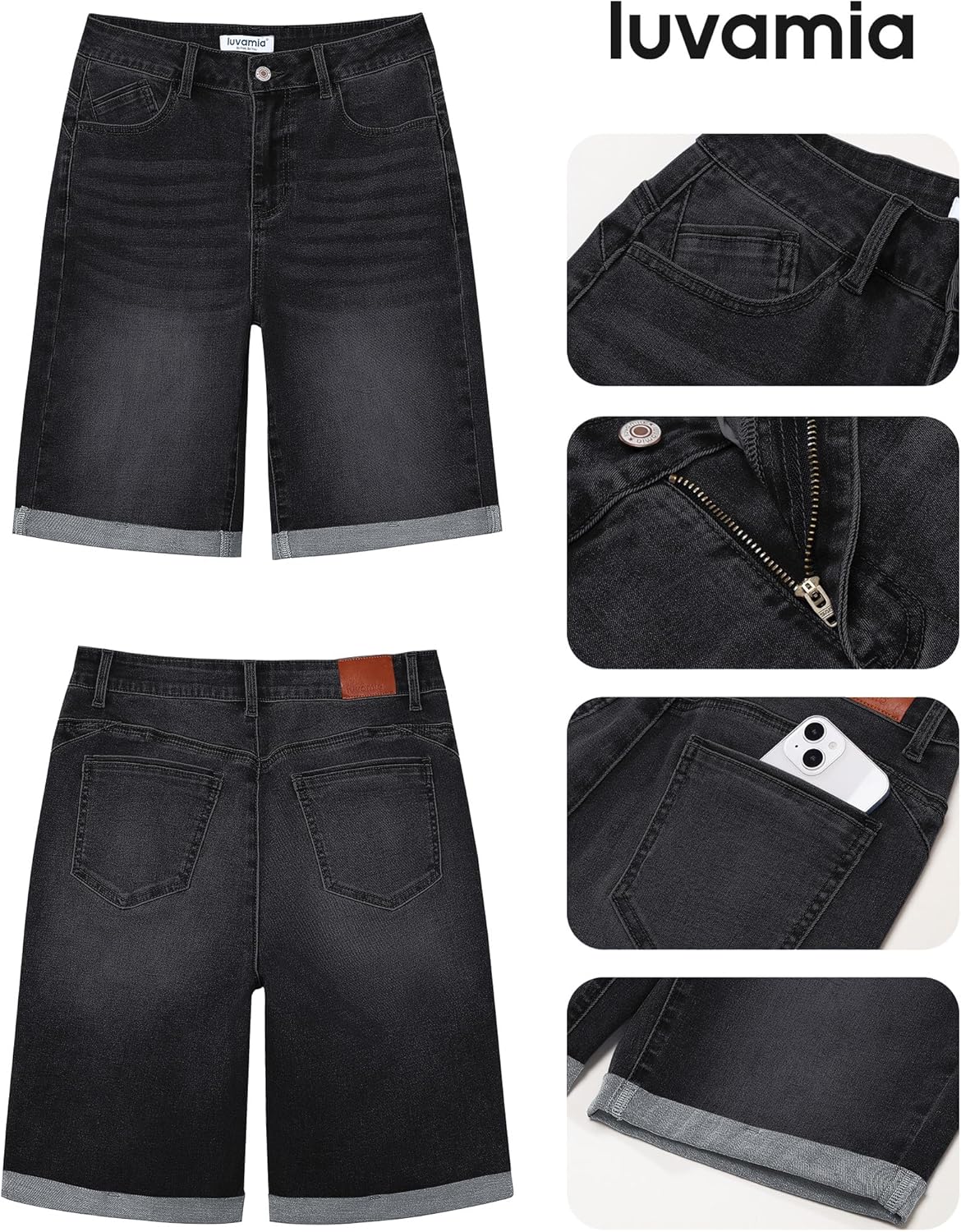 luvamia Bermuda Jean Shorts for Women Knee Length High Waisted Trendy Cuffed Hem Long Stretchy Denim Shorts Summer Jorts - Image 5