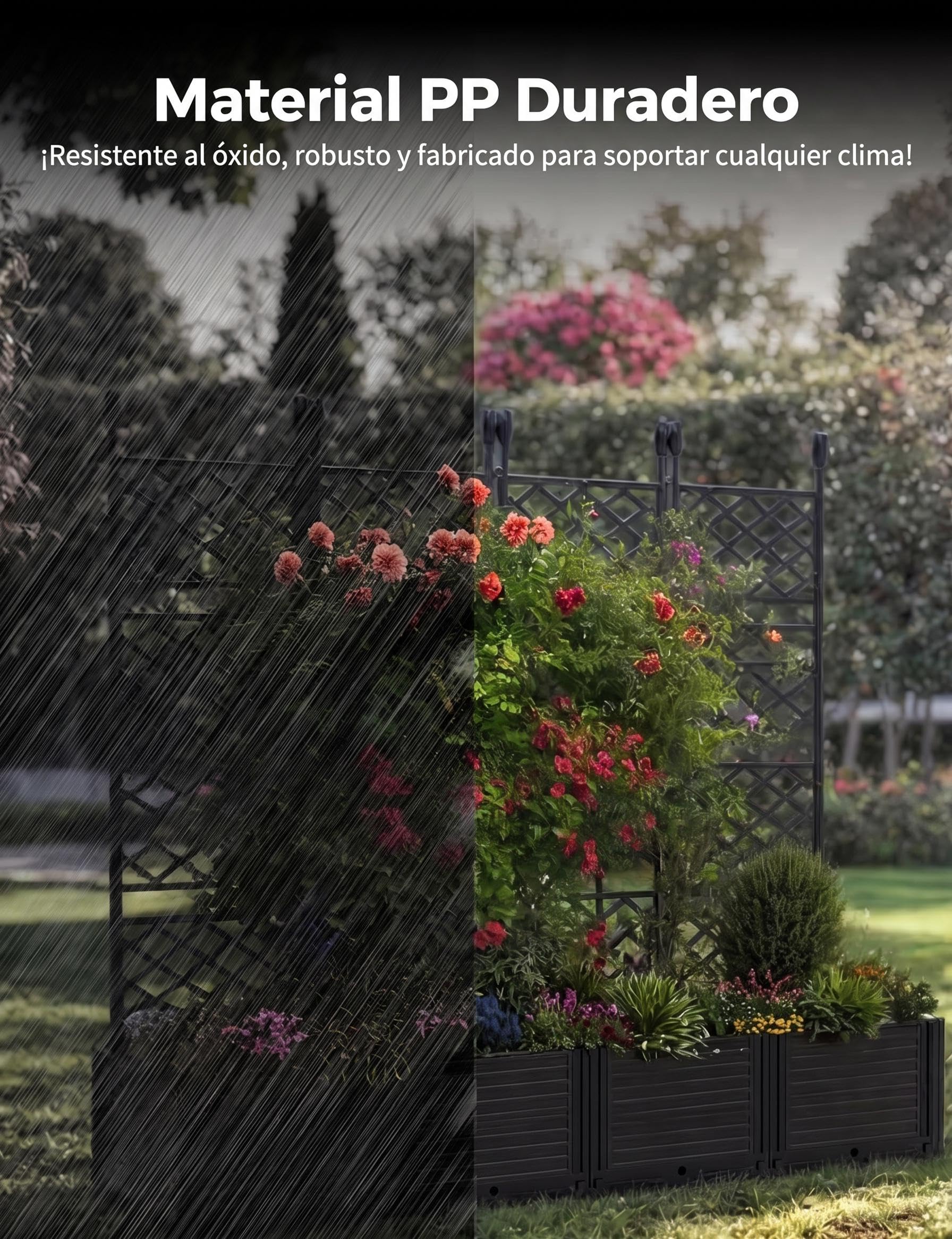 Garvee Cama de Jardín Elevada con Enrejado,4 Módulos,Jardinera Modular de Plástico Resistente,Macetero Profundo para Plantas Trepadoras, Pantalla de Privacidad para Terraza Balcón y Patio,166x41x160cm