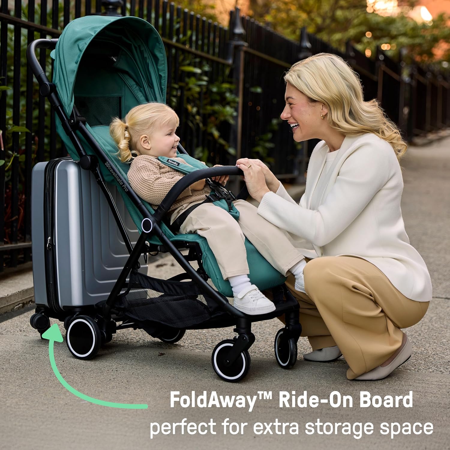 Ingenuity 3D Travelmate Pro Lightweight Travel Stroller with Fold-Away Buddy Board for Toddlers, Airplane Overhead Bin Compatible, Car Seat Ready, One-Hand Fold