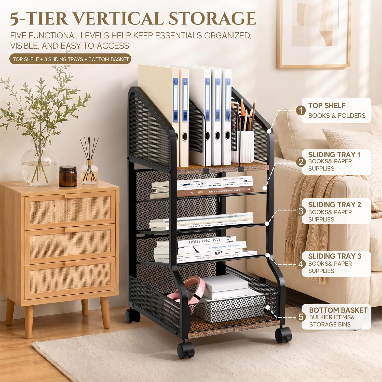 Rolling File Cart Under Desk Storage and Organizers 5-Tier Black