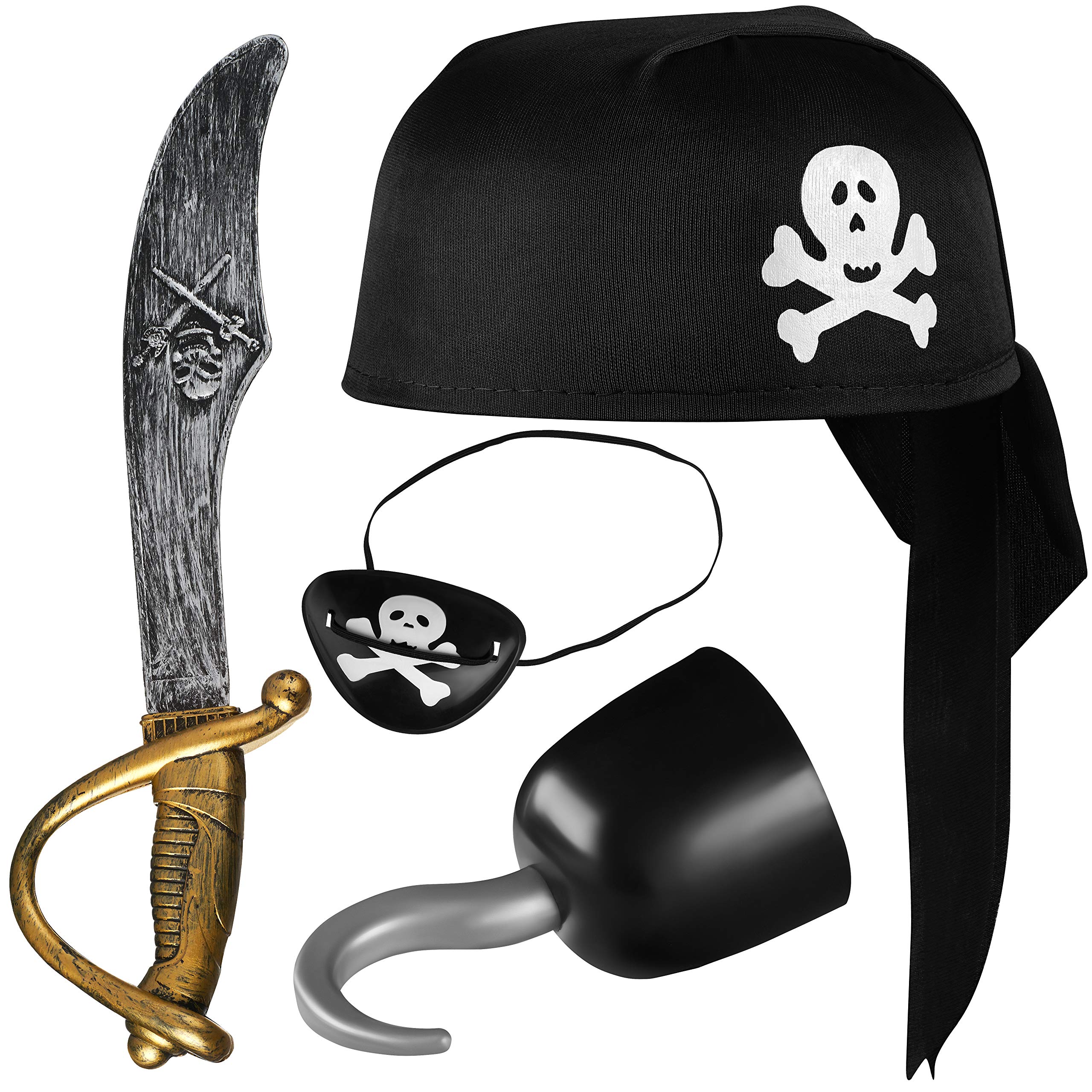 Balinco Pirate set 4 pieces for children consisting of black pirate hat + sabre + eye patch + pirate hook - costume set for carnival
