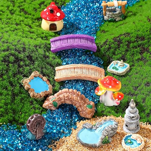 Miniatura 5 de Unittype 19 piezas de accesorios de jardín de gnomos, pequeñas figuras de gnomos de hadas, puente en miniatura, faro de hongos, pozo de agua,