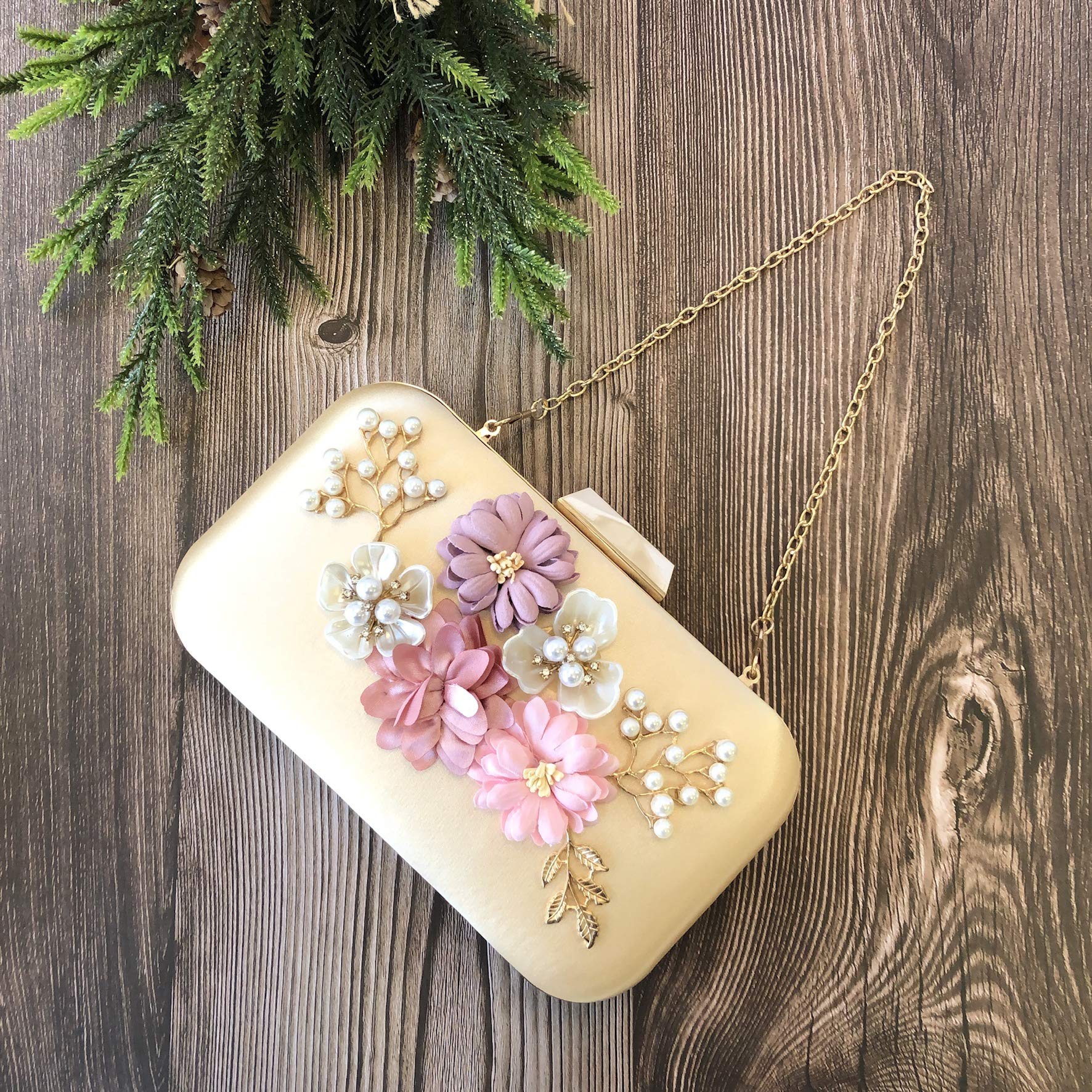 Abbie Home Hard Case Evening Clutch for Women Pearl Jewelry Exquisite Flower Décor Hand Bag (Apricot)