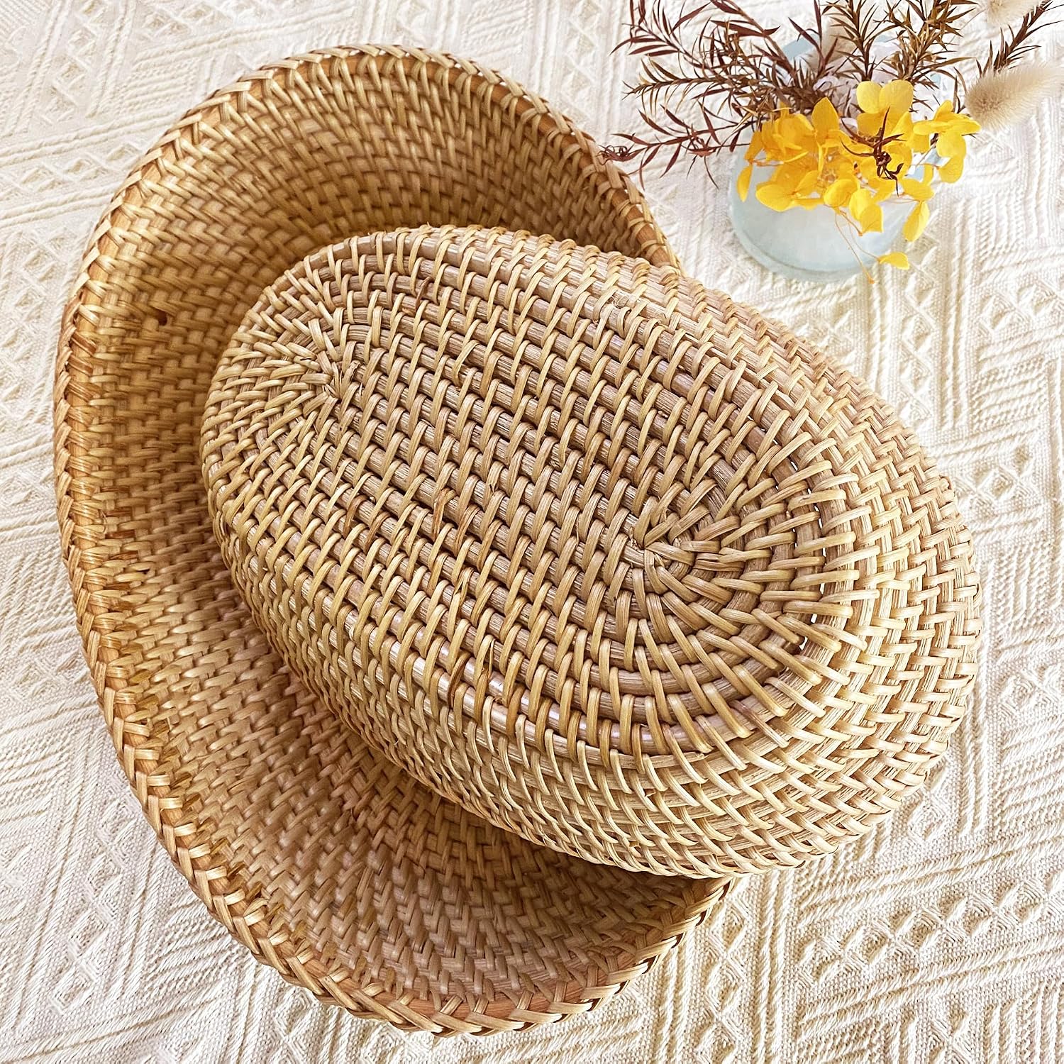 i-lan 2-Pack Oval Rattan Bread Baskets, 12 & 15 Inch Wicker Serving Set