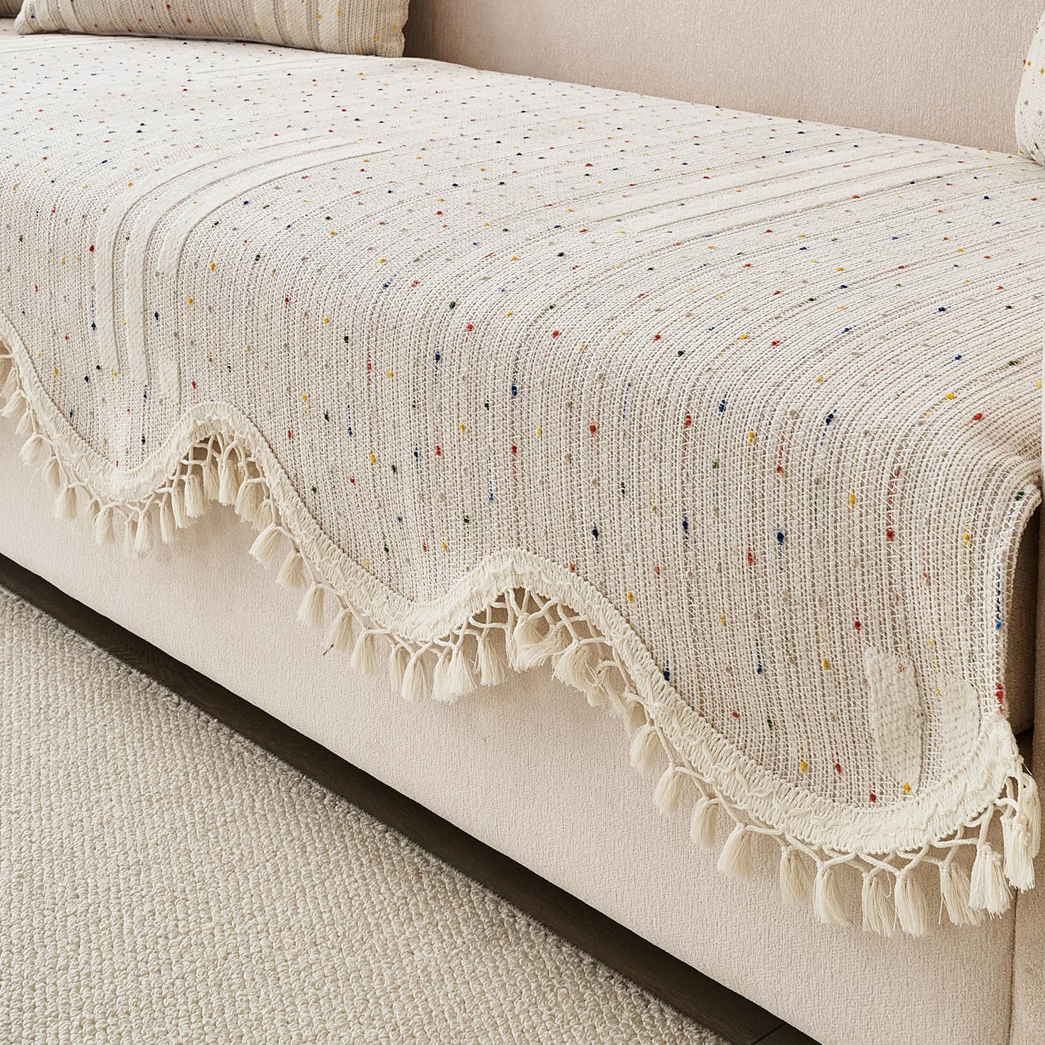 HOKIPO Skin-Friendly Chenille Sofa Cover with Tassel for 1/2/3 Seater & L Shape Sofa | Anti-Slip DIY Sofa Cover Set | 'DreamWave Series' | 90(W) x 220(L) cm | Pastel Sand (AR-6565-BRN)-picture-16