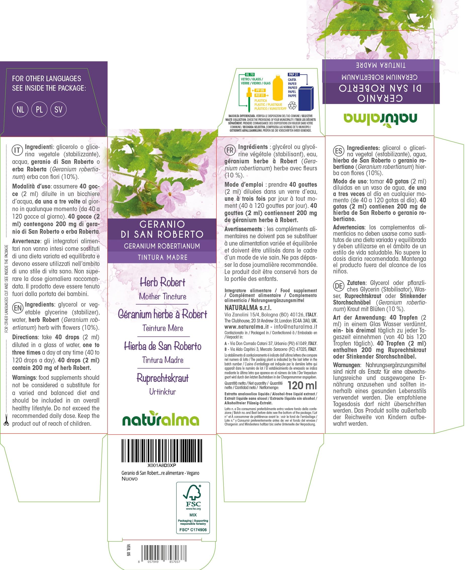 Geranio di San Roberto o Erba Roberta (Geranium robertianum) erba con fiori Tintura Madre analcoolica Naturalma - Estratto liquido gocce 120 ml - Integratore alimentare - Vegano