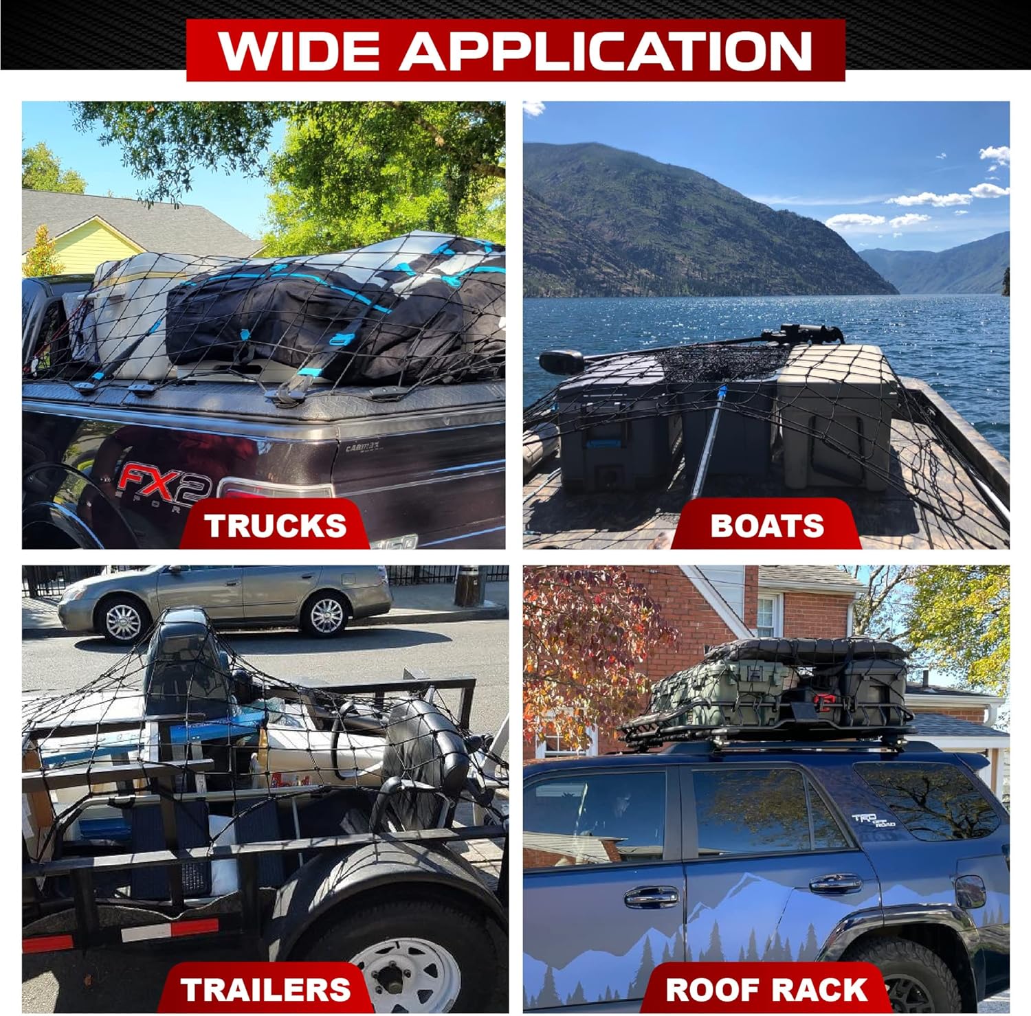 [Premium] 4'x6' Heavy Duty Cargo Net Stretches to 8' x 12', Extra Thick 10mm Cord Bungee Cargo Netting for Pickup Truck Bed, Roof Rack Net & 12 PCS Steel Carabiners - Image 7