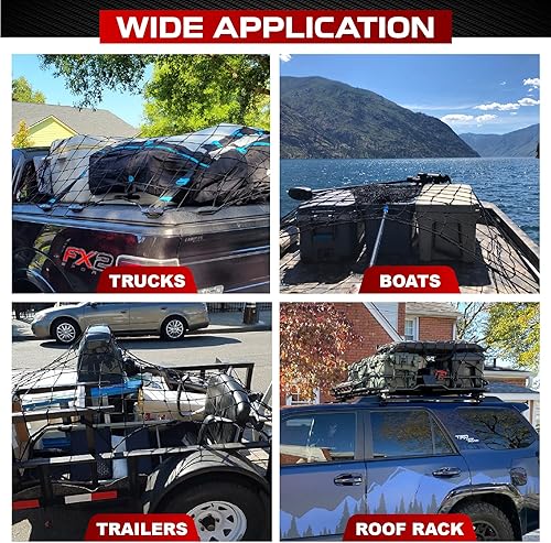 Miniatura 7 de Premium Red de carga resistente de 4 x 6 pies que se estira hasta 8 x 12 pies, cable extra grueso de 0.394 pulgadas para cama de camioneta, red de