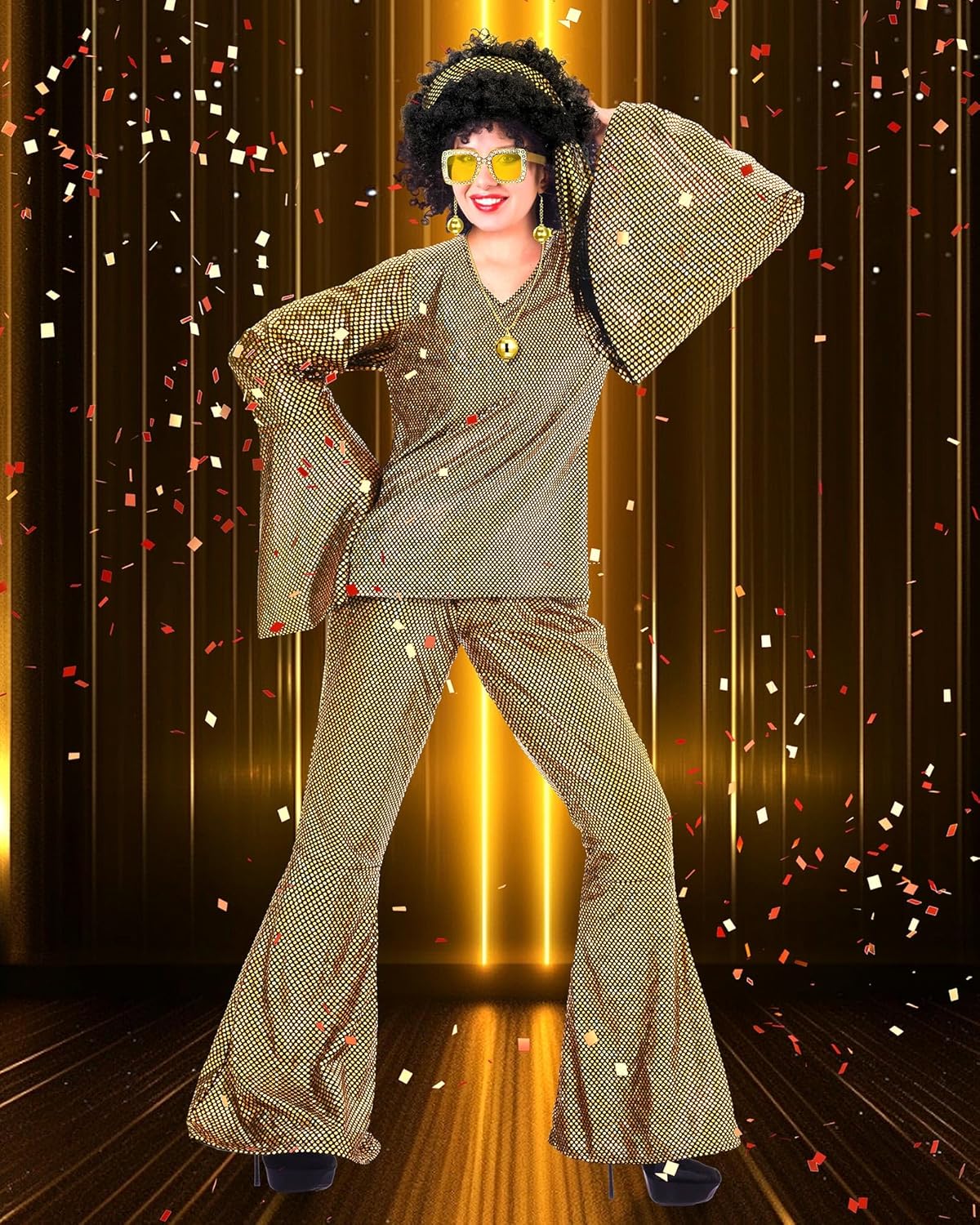 Jexine 70s Women Disco Outfit Costume Disco Party Top Pants Sunglasses Ball Necklace Earring Wig for Halloween New Year Eve - Image 5