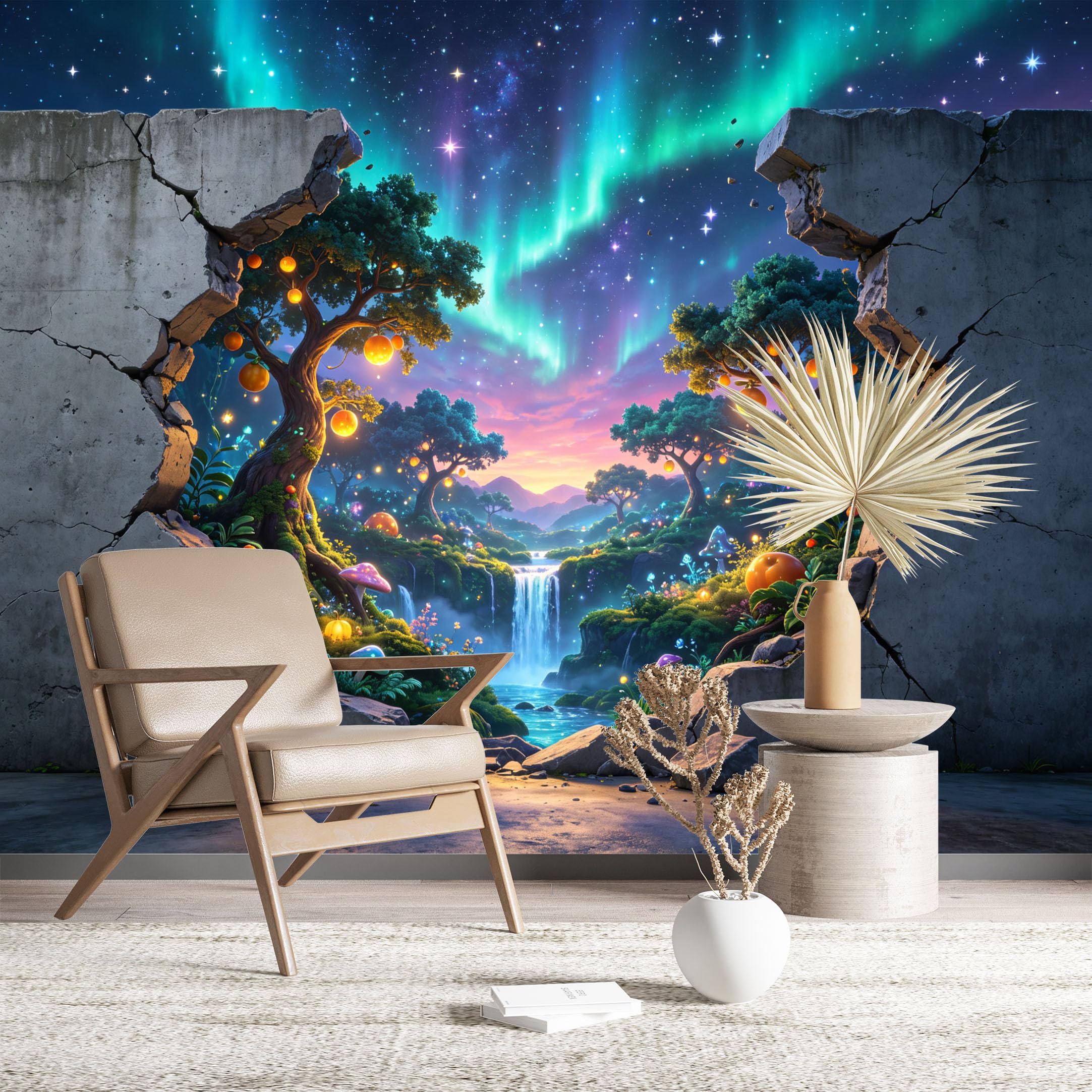 Custom Size Wall Murals Aurora Forest Through Cracked Wall Realistic Self-Adhesive Wall Fabric (NO PVC) Removable Wallpaper for Living Room Bedroom