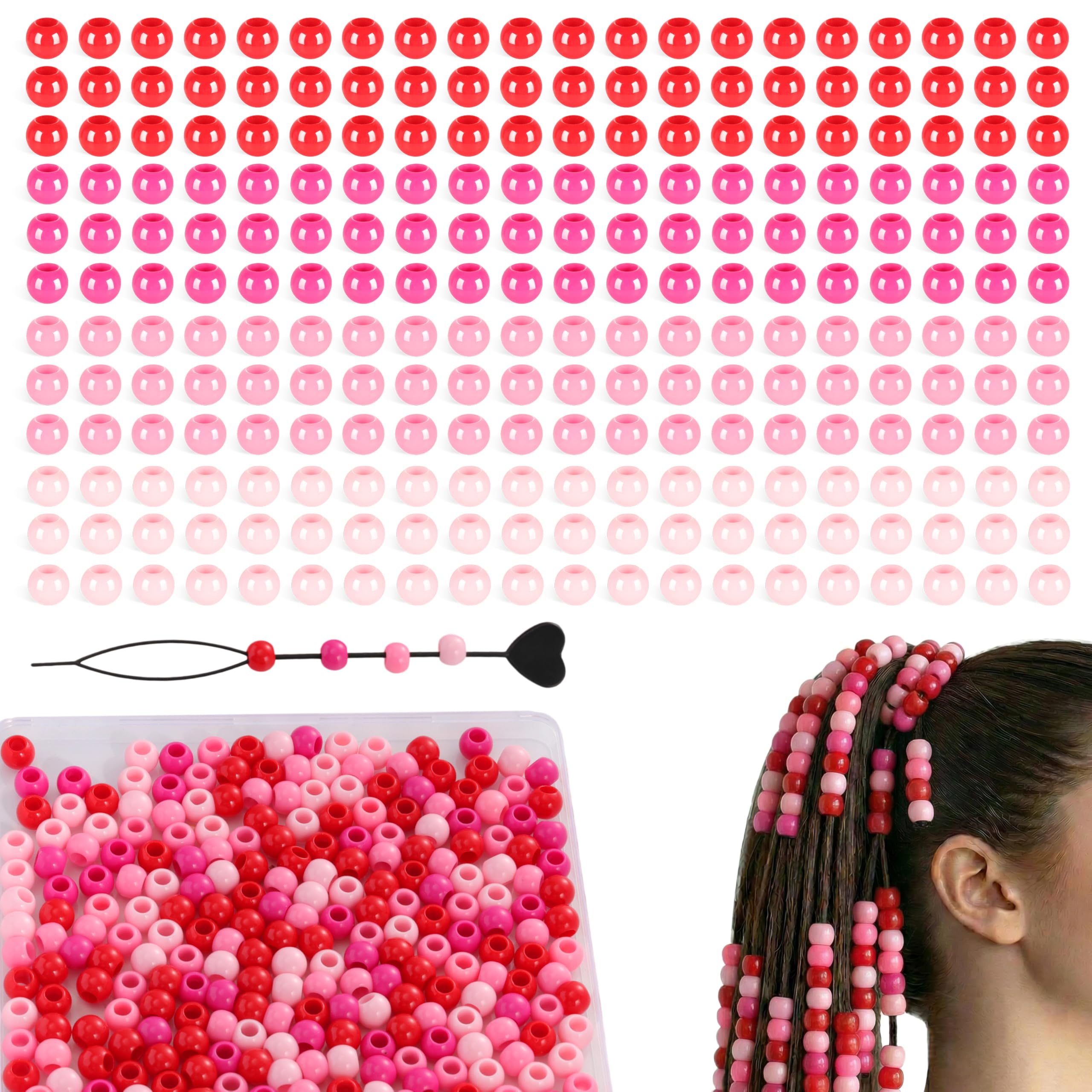 GUJOXILA 300PCS Pink Hair Beads for Braids Acrylic Hair Beads for Kids Adults Purple Large Bead Hairs Charms Jewellery Accessories with Hairs Threader