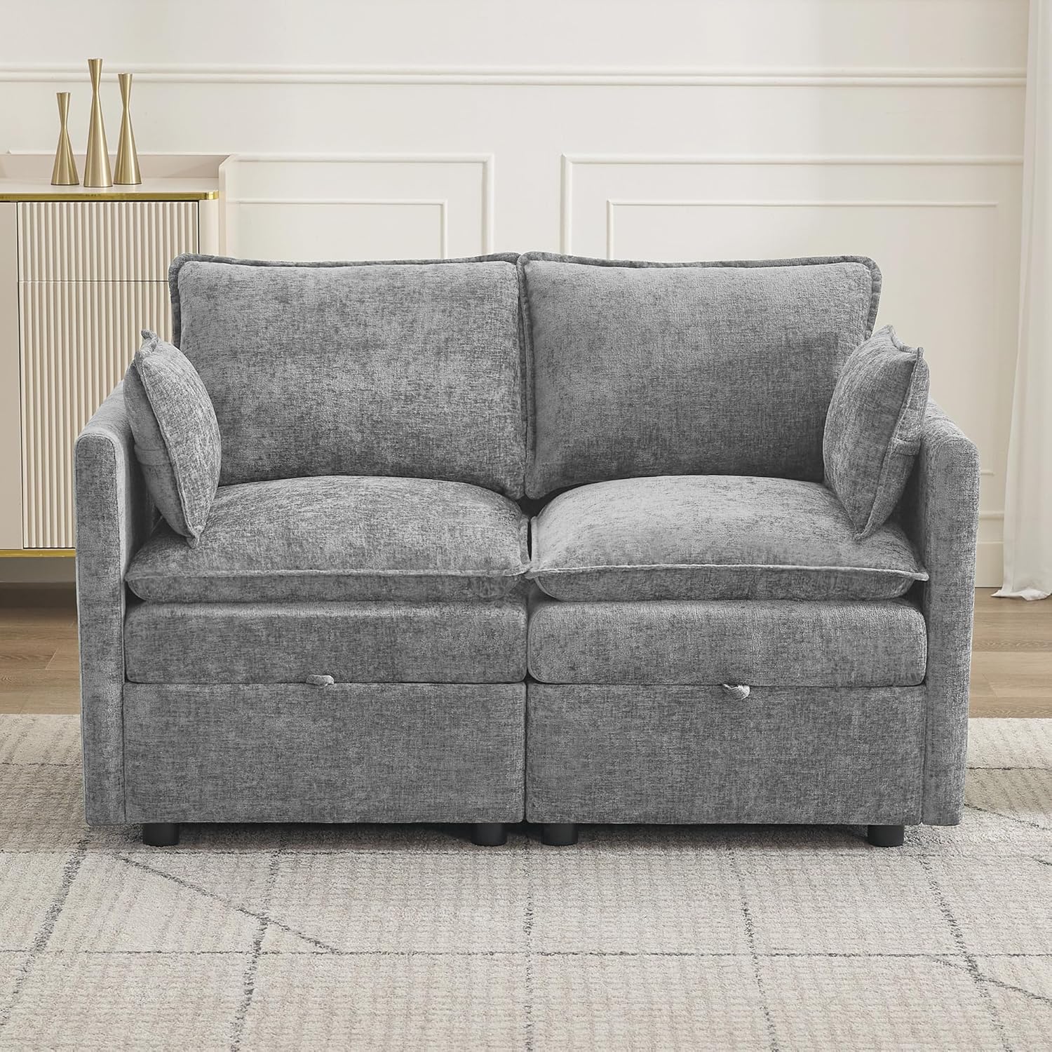 55" Cloud Modular Loveseat Sofa with Storage, Modern Upholstered Sofa Couch Small Love Seat, 2 Seater Chenille Comfy Sectional Sofa with Armrests for Living Room, Small Space, Light Grey